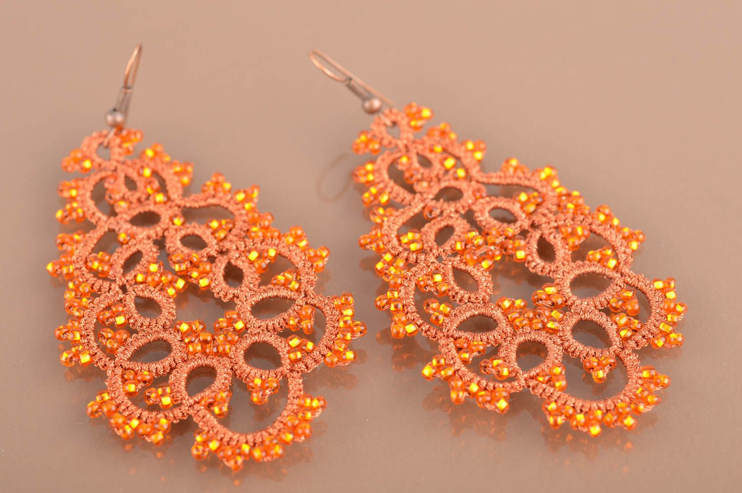 Large orange handmade designer tatted earrings with beads unusual jewelry photo 2