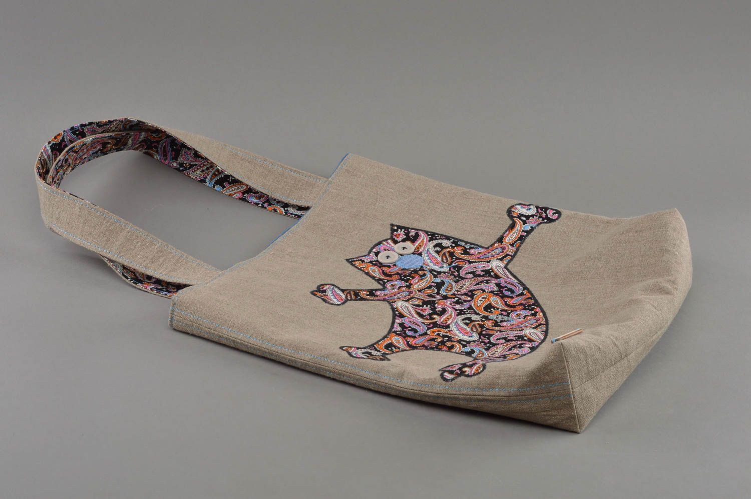 Gros sac à main en tissu fait main avec doublure et applique chat joyeux photo 1