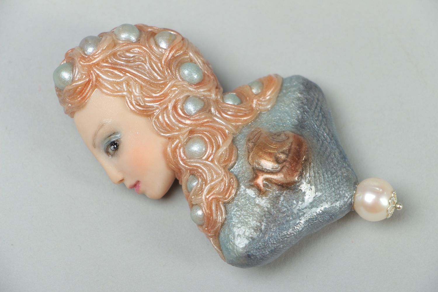 Polymer clay brooch with river pearls photo 1