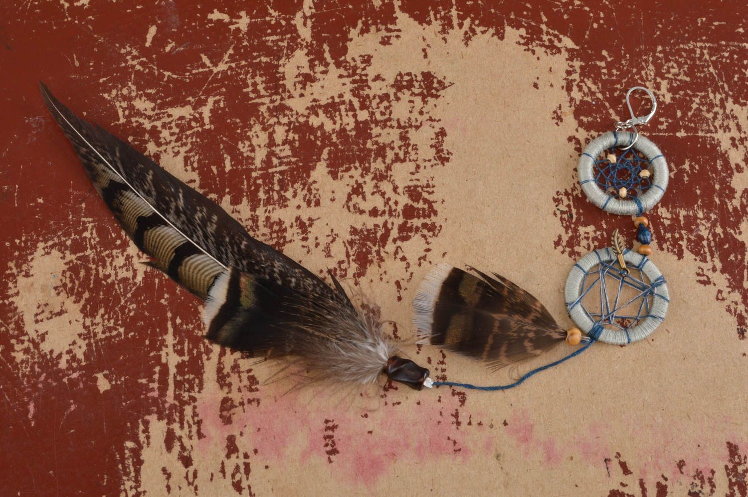 Long unusual handmade Dreamcatcher amulet in shape of keychain with feathers photo 3