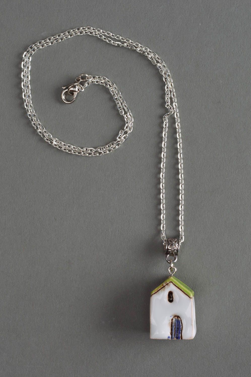 Handmade designer ceramic pendant necklace white house with green roof on chain photo 3