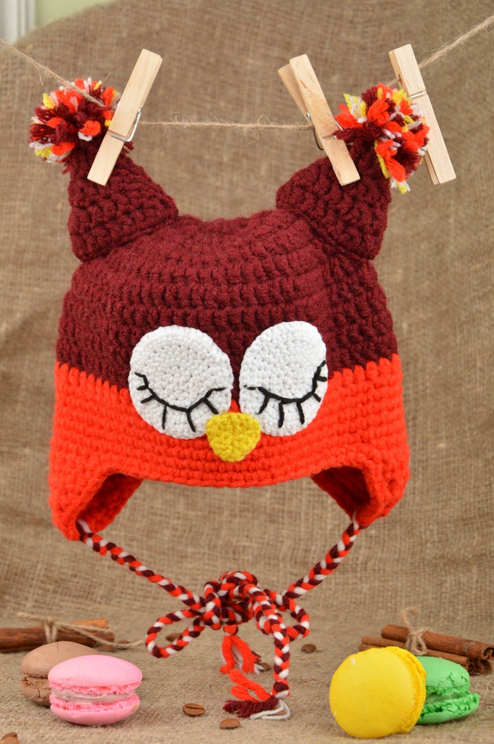 Bonnet tricoté hibou rouge fait main en coton et laine pour enfant original photo 1