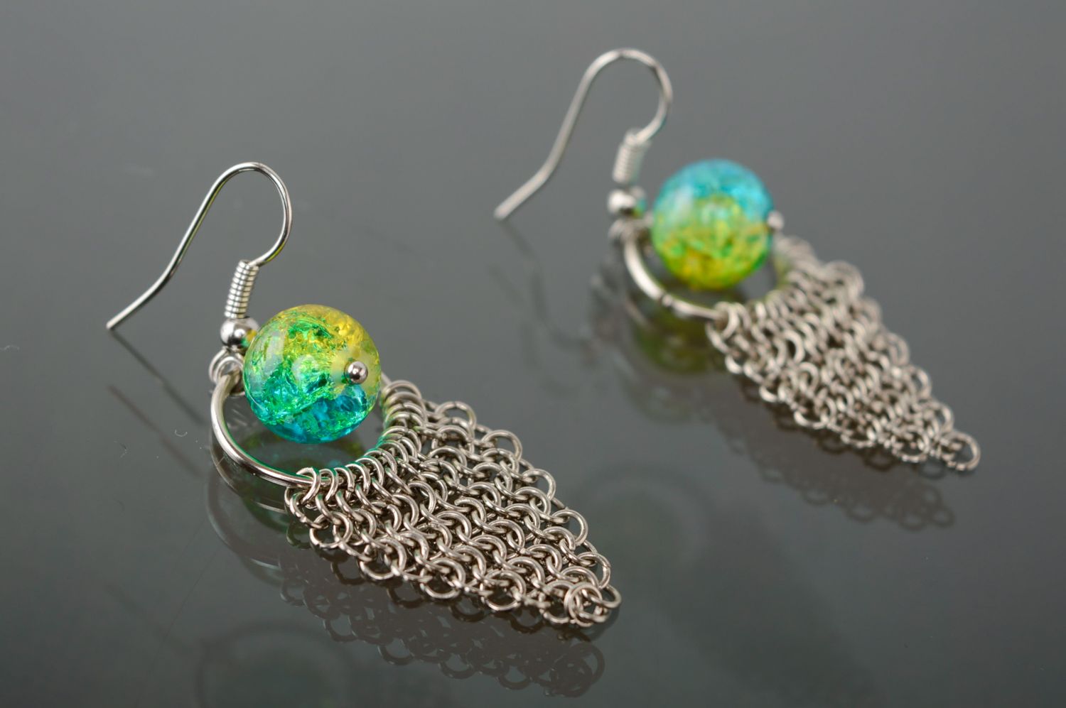 Handmade metal earrings with Czech glass bead photo 3