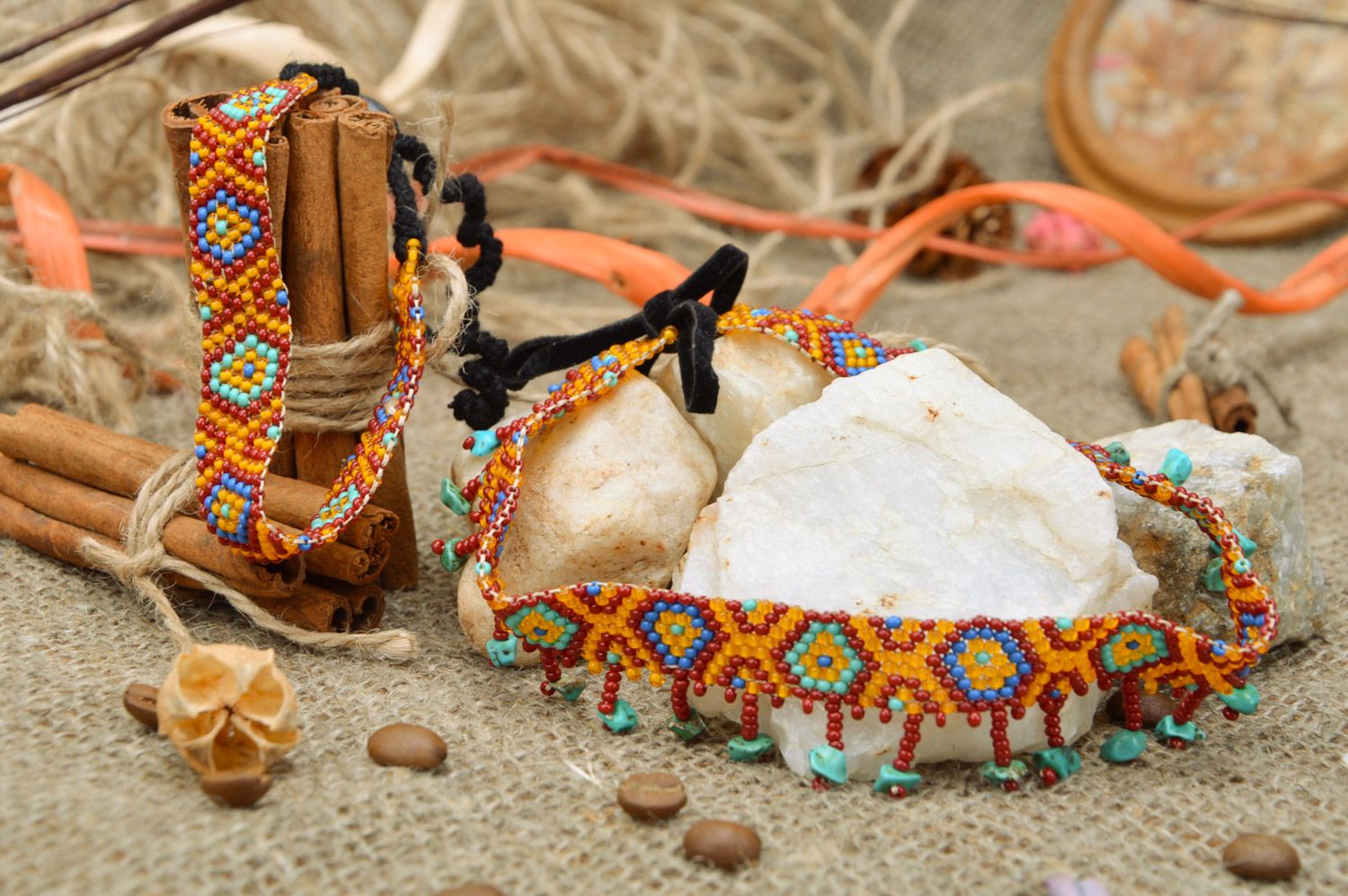 Juego de joyas de abalorios 2 piezas pulsera y collar en estilo étnico artesanales foto 1