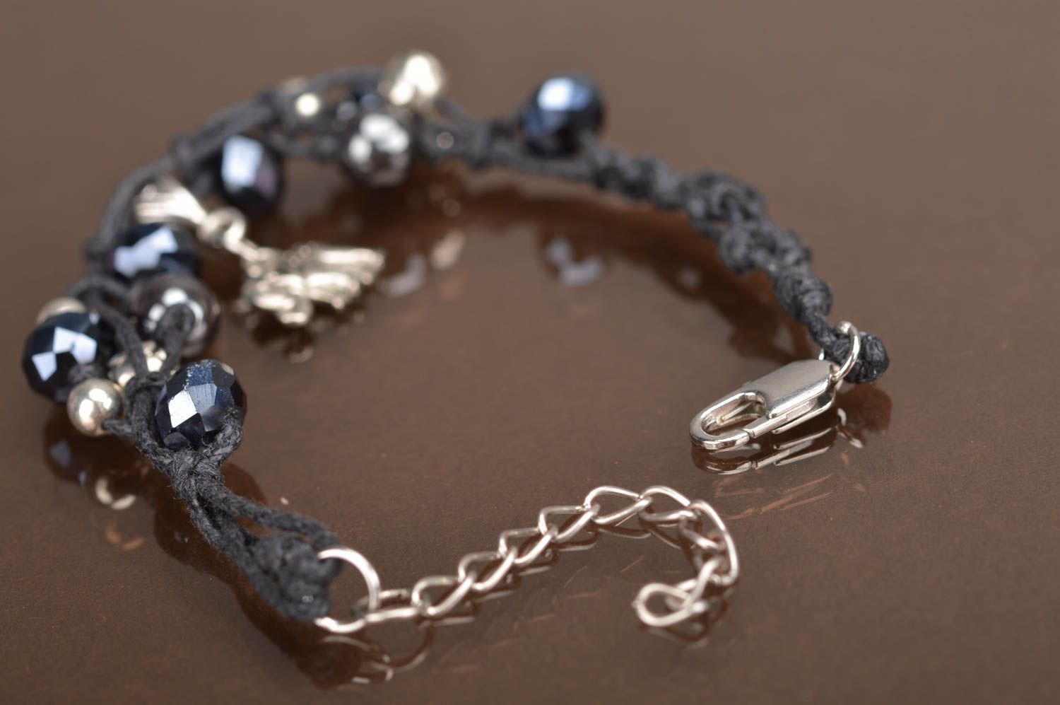 Handmade cute bracelet made of waxed lace with crystal beads and charm photo 5