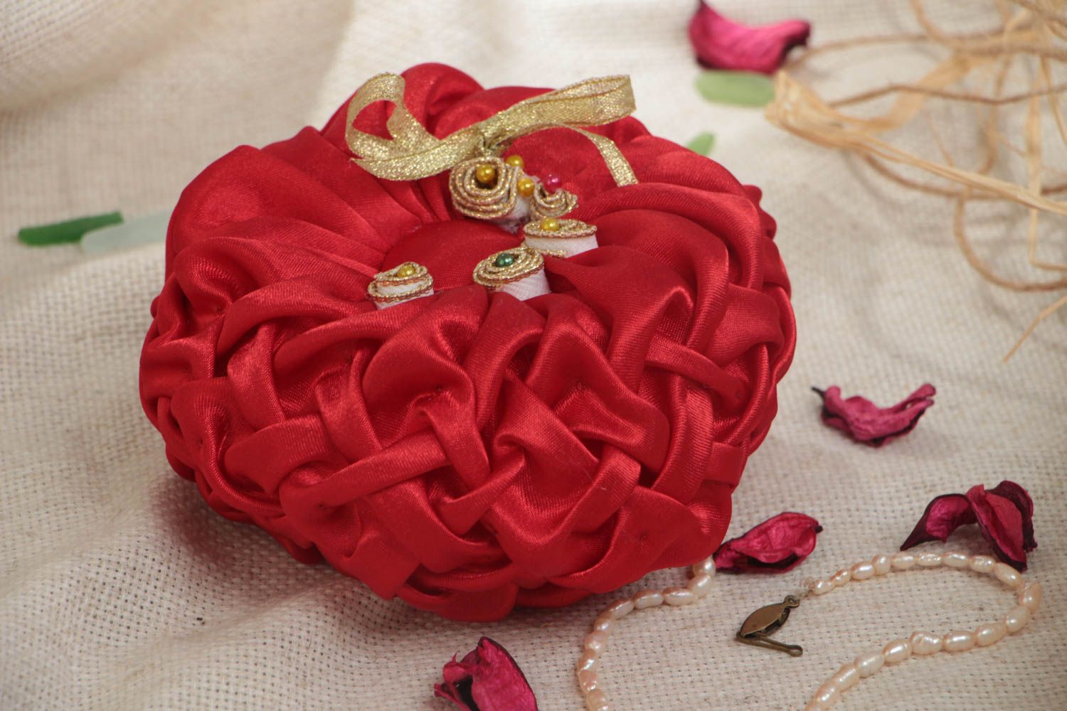 Handmade designer red satin fabric wedding ring pillow with ribbons and beads photo 1
