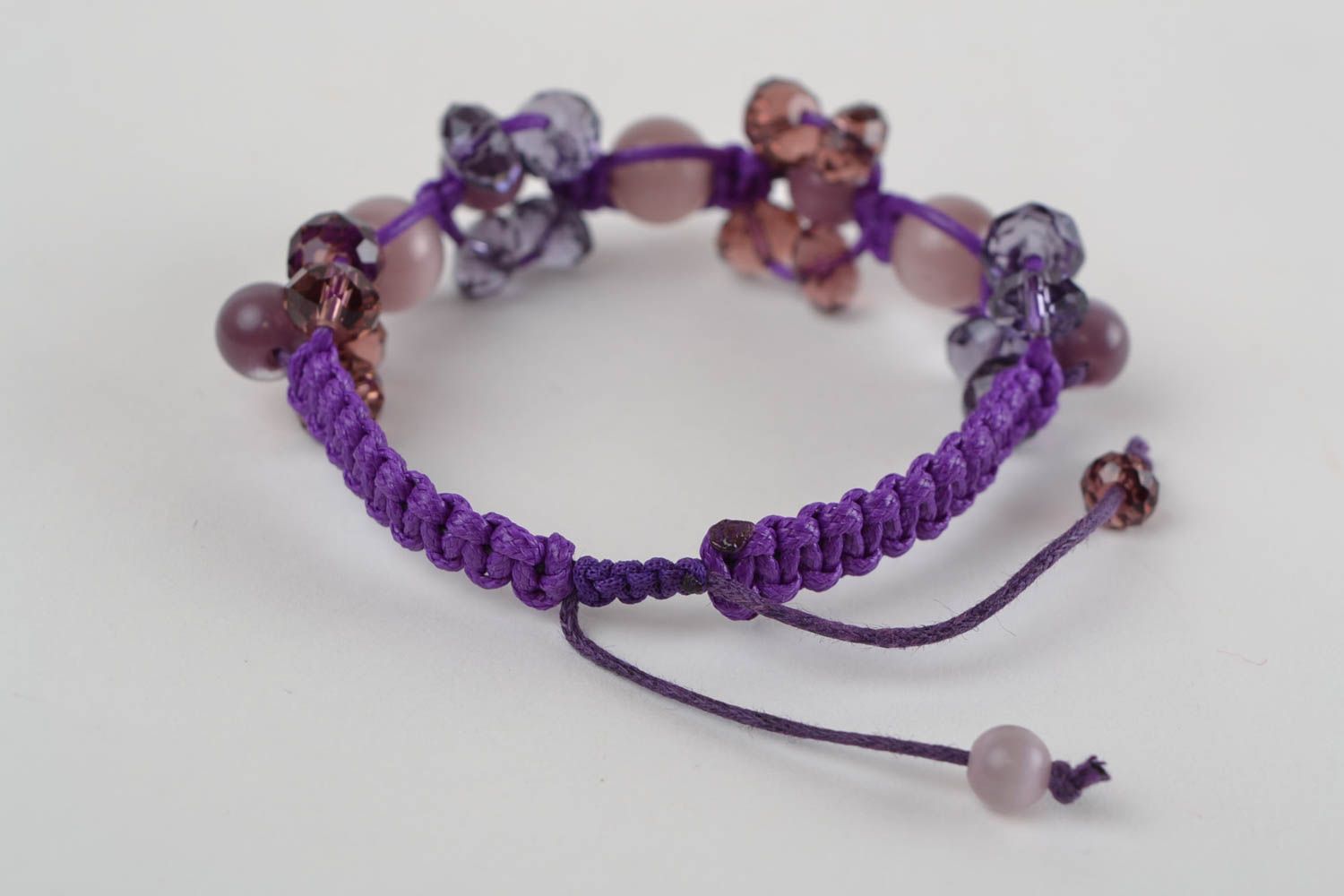 Handmade macrame woven violet cord wrist bracelet with Czech glass beads photo 5