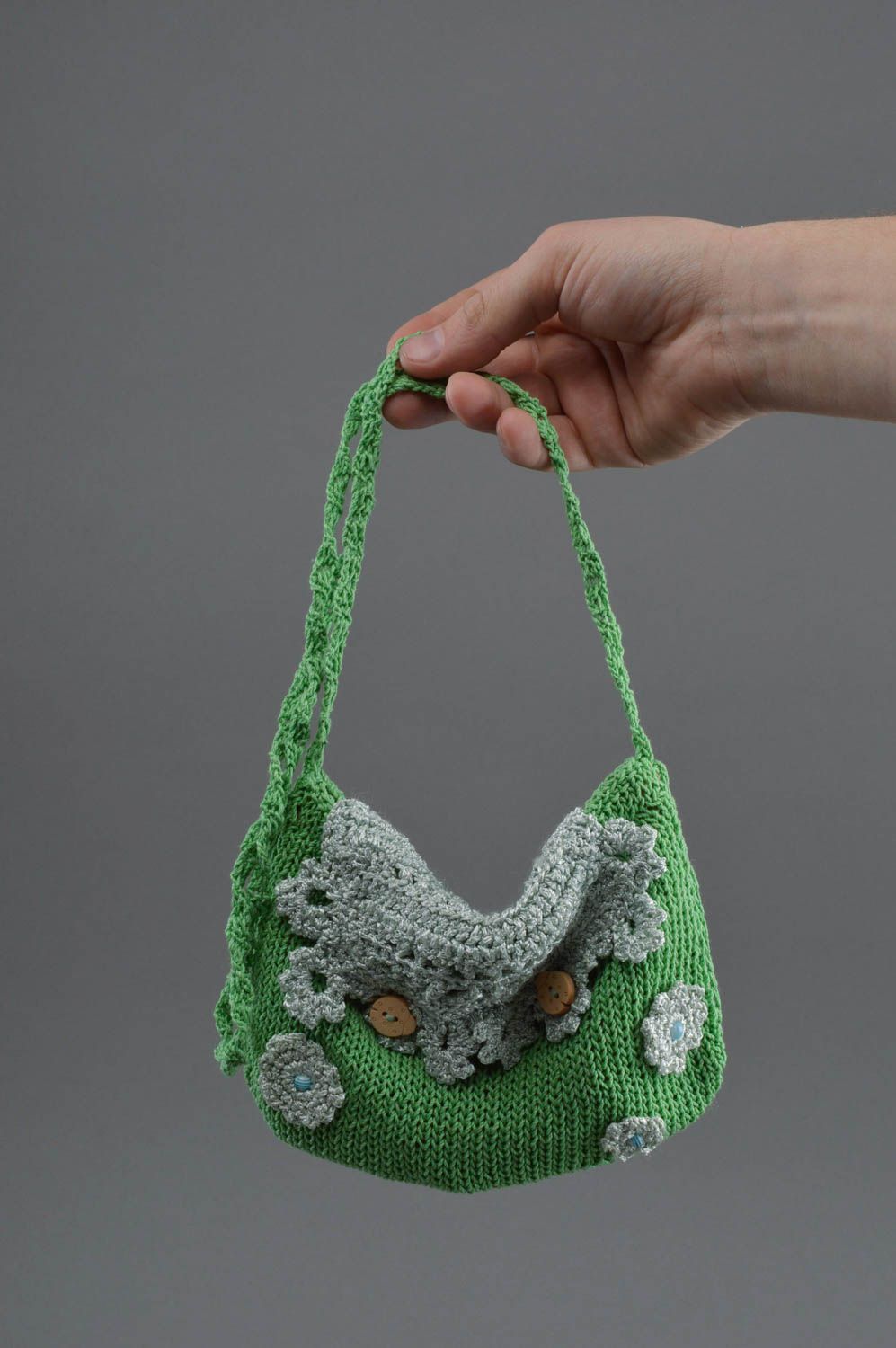 Beautiful handmade shoulder bag crochet of synthetic threads Lime photo 4