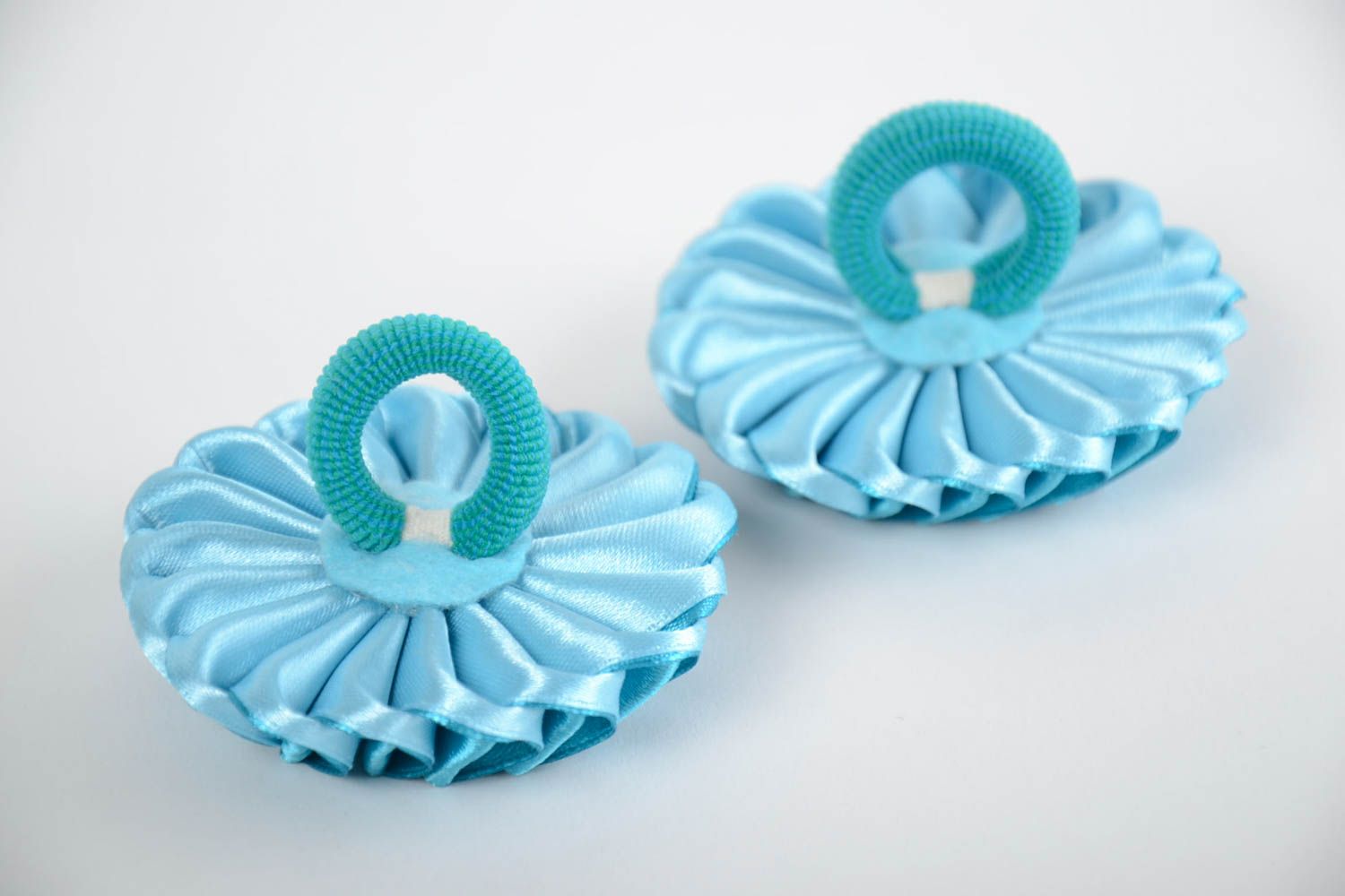 Set of 2 handmade children's blue satin ribbon flower hair ties kanzashi photo 3