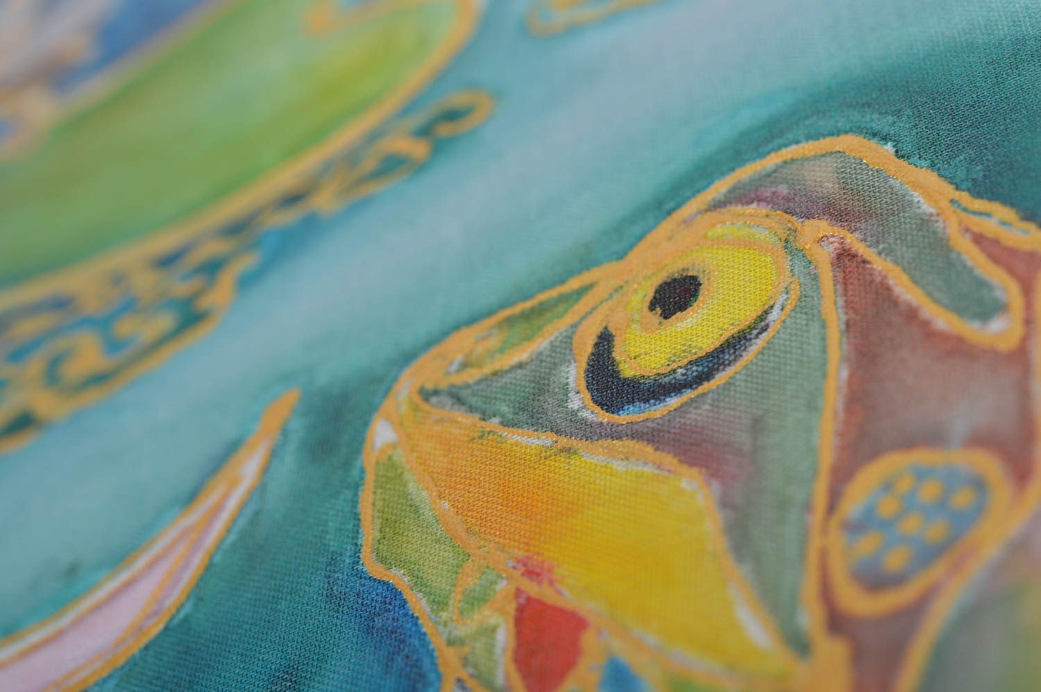 Handmade cold batik painting on fabric in frame Frog on Bog designer picture photo 4