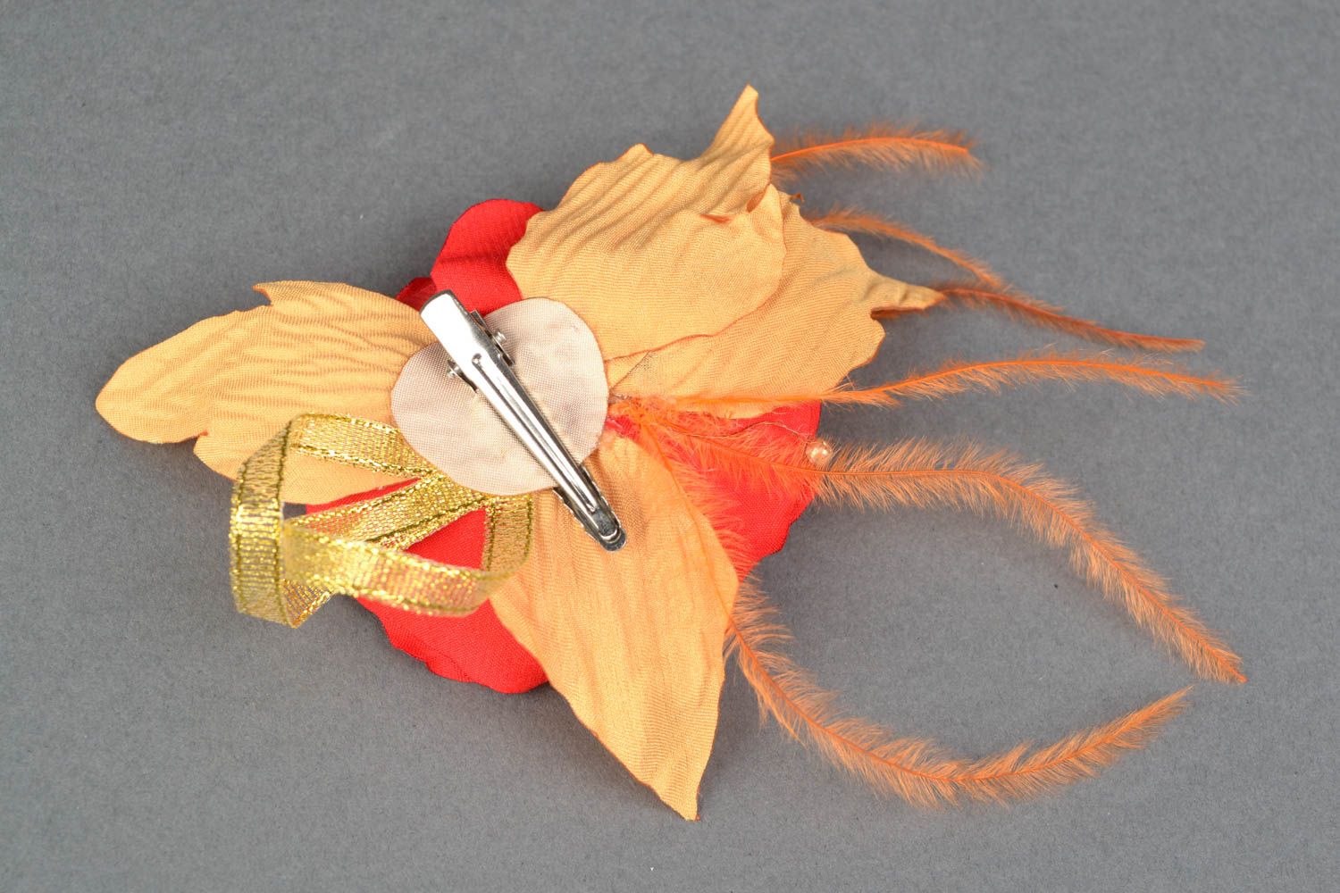 Floral hair clip made of satin and organza Poppy on Gold photo 4