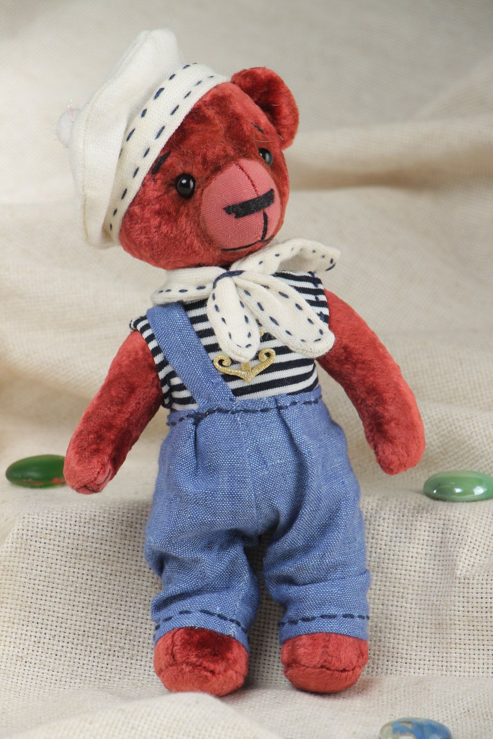 Handmade soft toy red plush bear in marine suit for children and interior decor photo 1