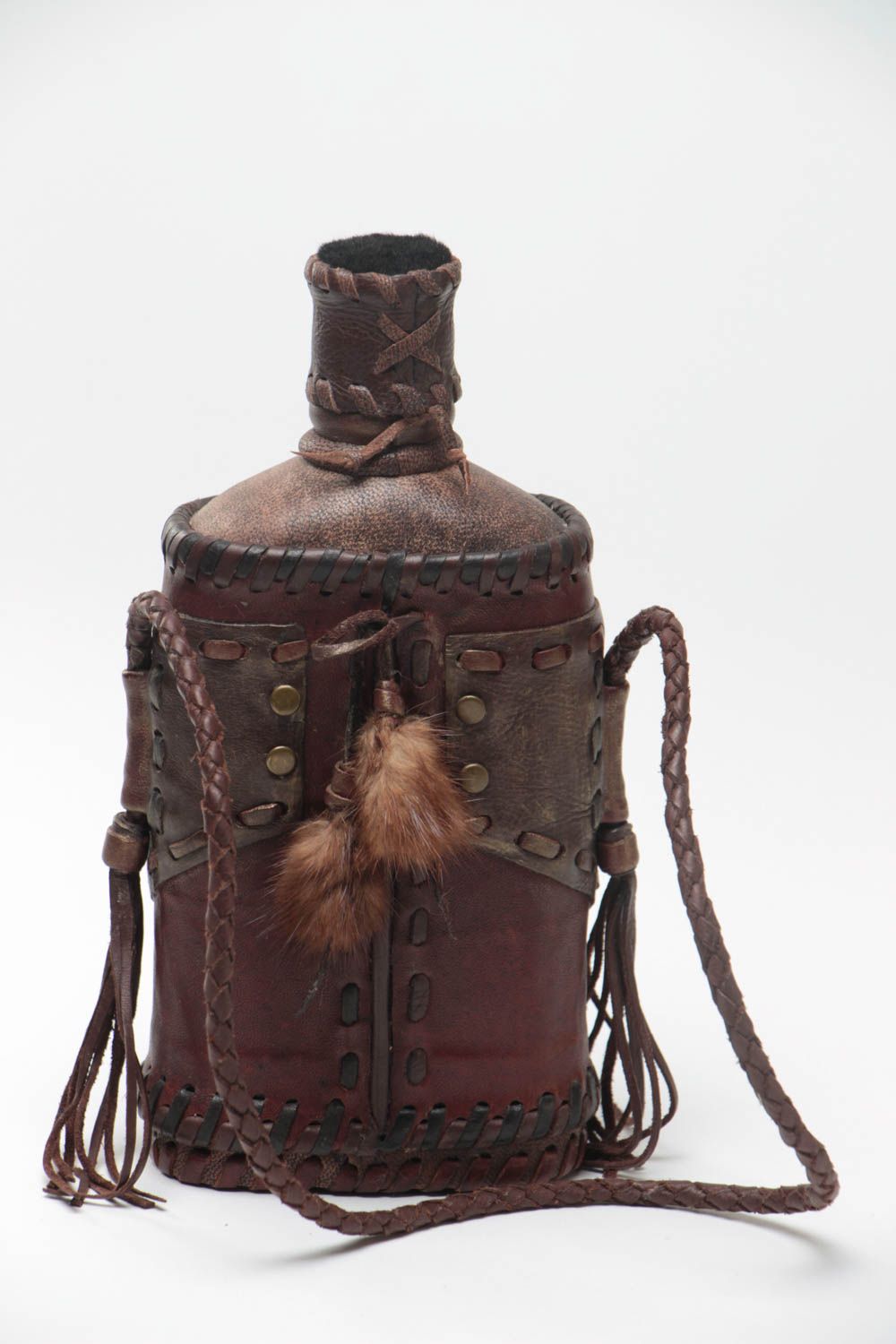 Handmade decorative designer leather covered flask decorated with metal and fur photo 4