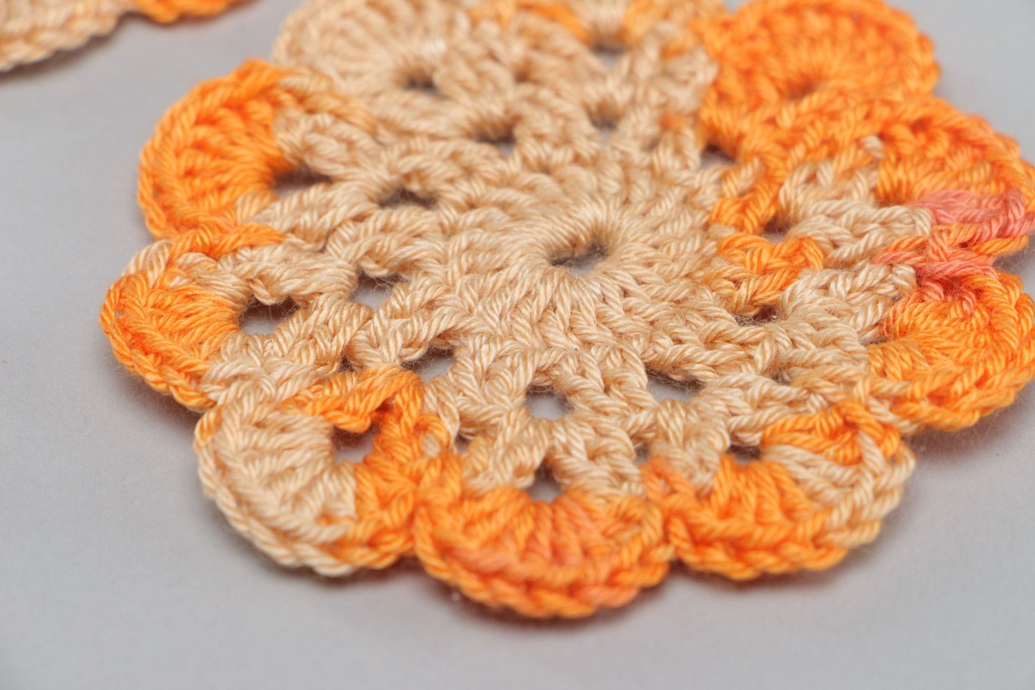 Set of handmade orange crochet cotton coasters for cups 3 pieces photo 3