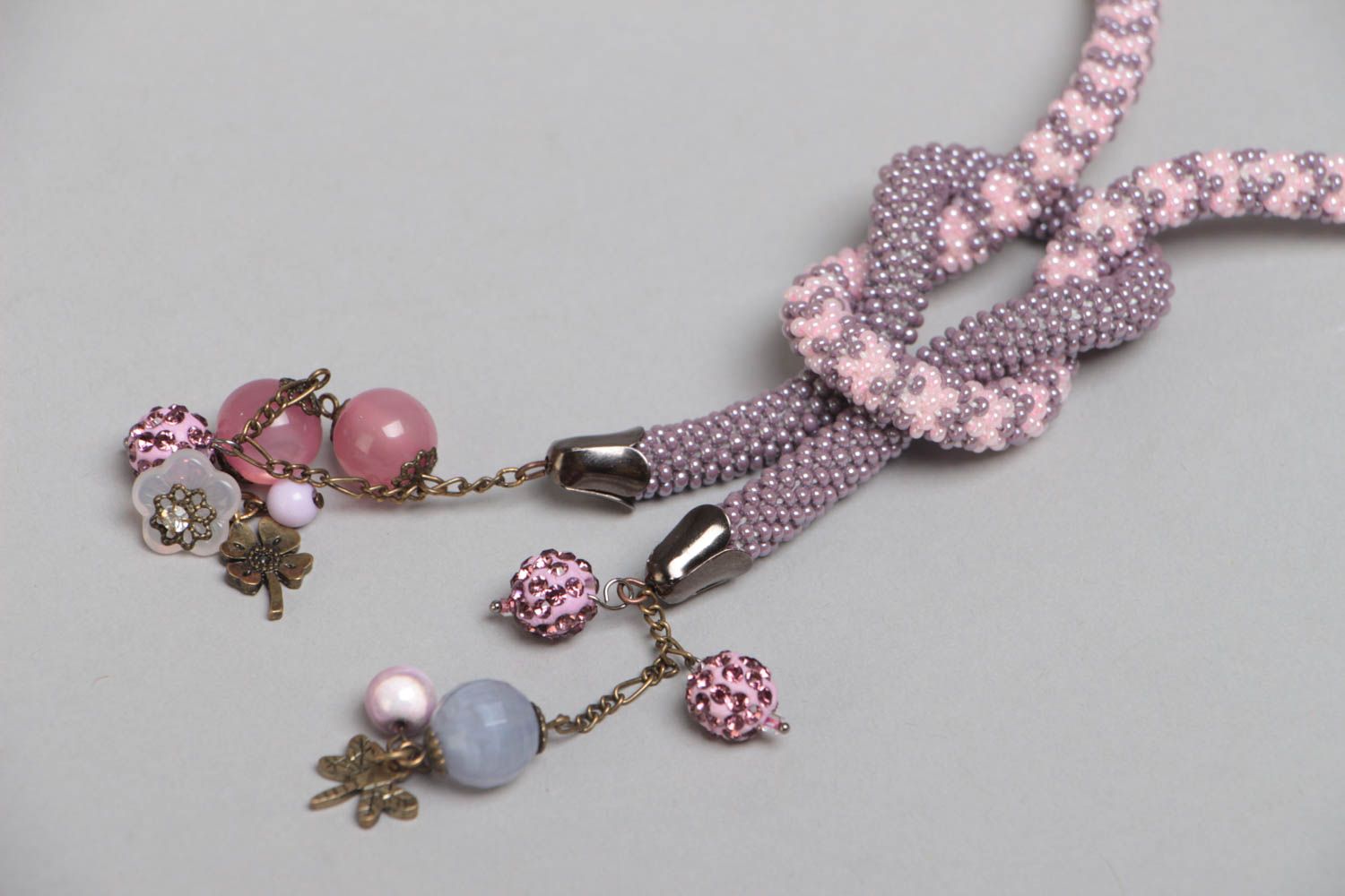 Handmade designer gray and pink beaded cord necklace with charms for women photo 3