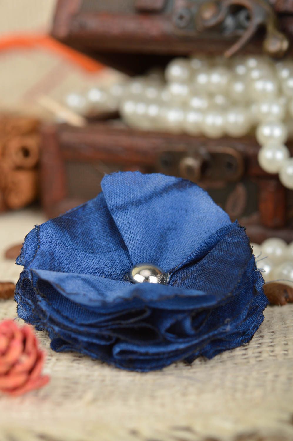 Handmade designer fabric flower brooch of blue color kanzashi technique  photo 6
