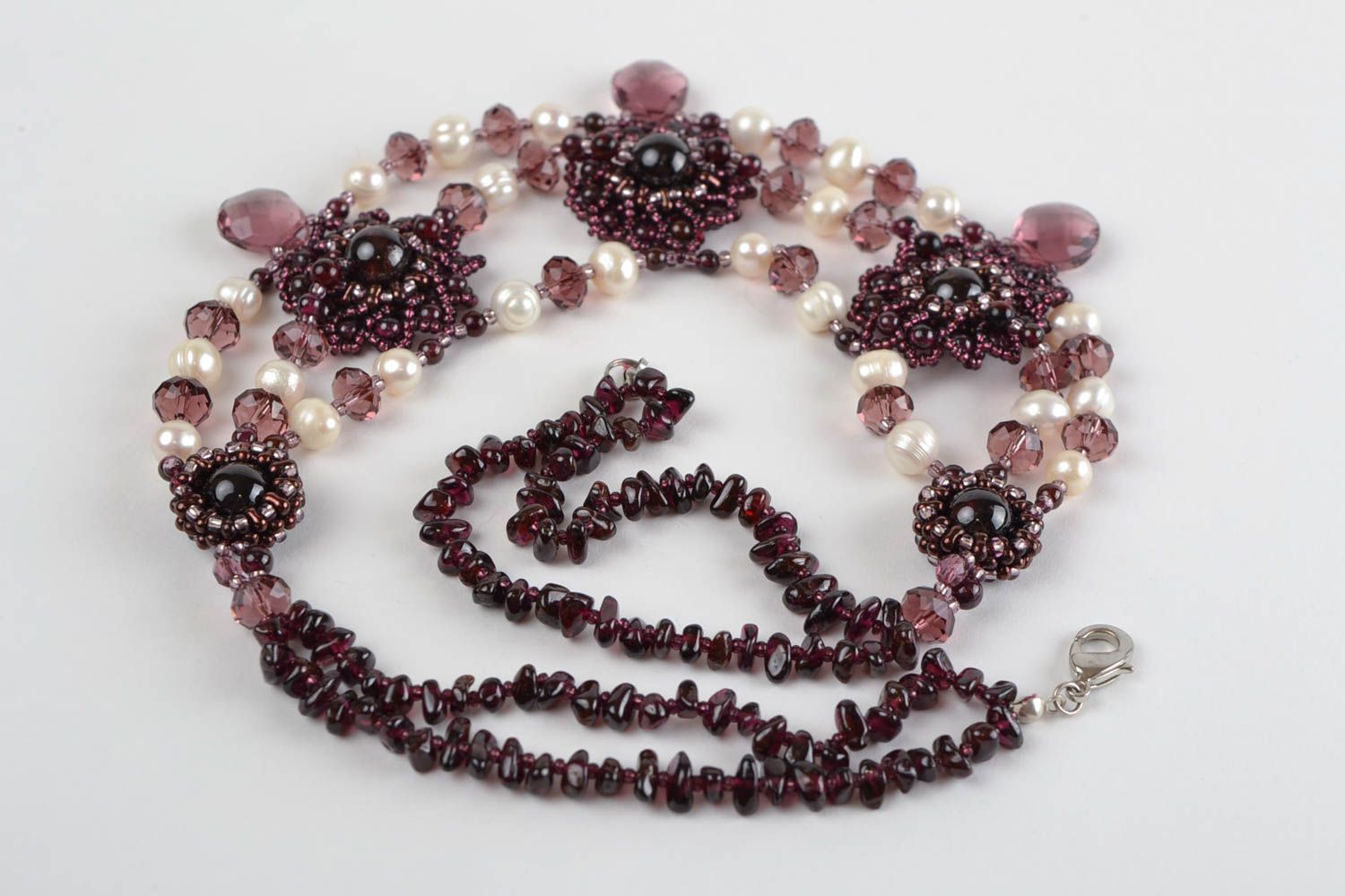 Handmade dark woven volume beaded women's designer necklace with natural stones photo 5