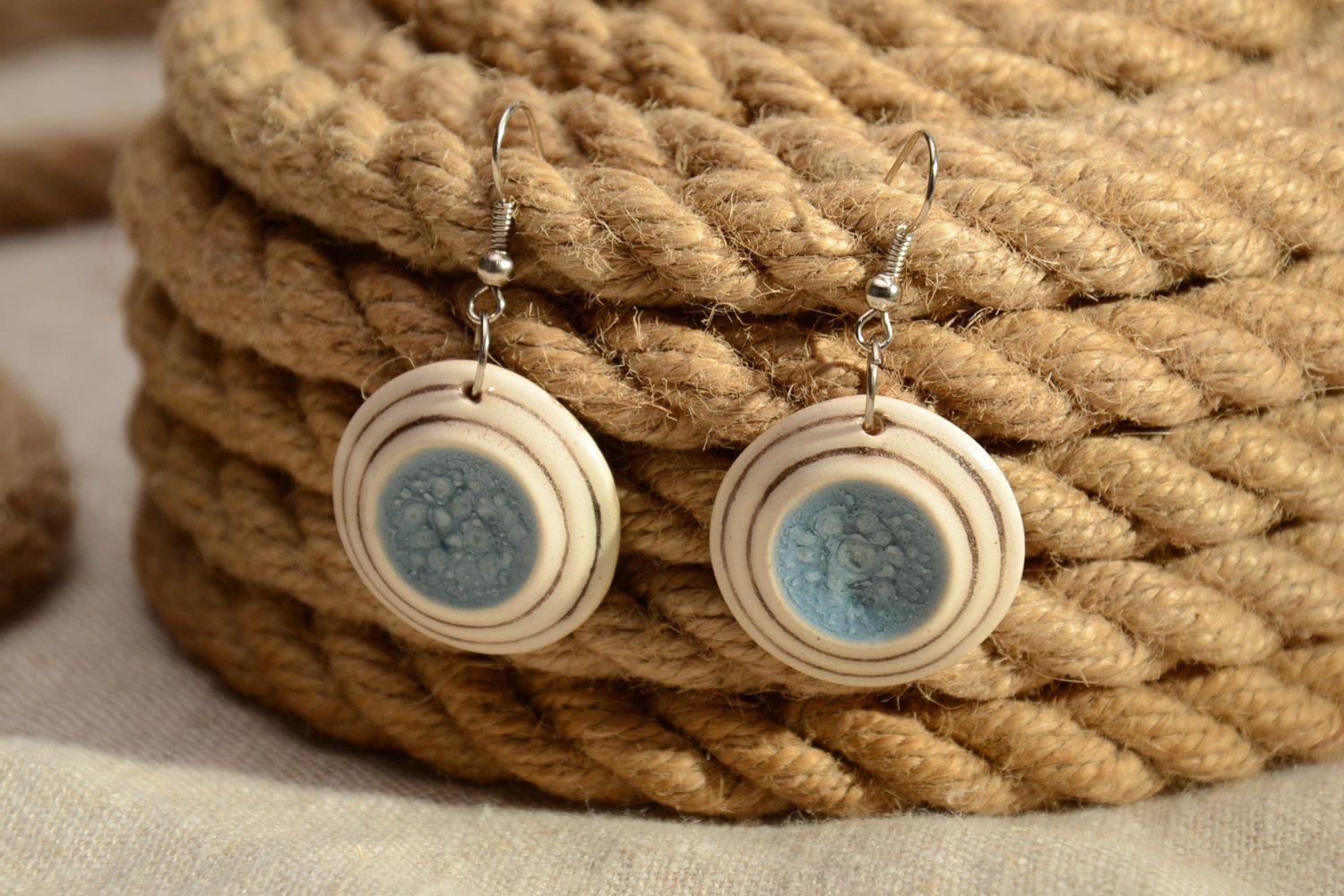 Beautiful handmade ceramic round earrings with color enamel for women photo 1