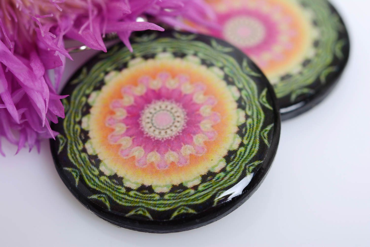 Handmade colorful patterned polymer clay round dangling earrings with decoupage  photo 2