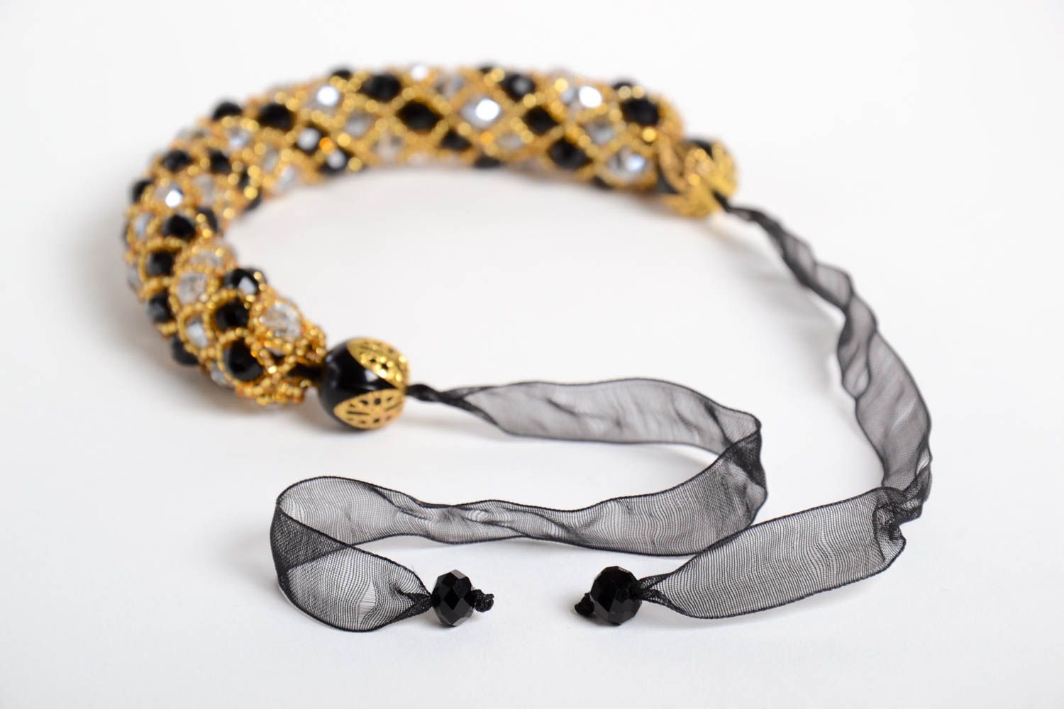 Elegant handmade black and gold color beads large strand bracelet  on a black rope photo 4