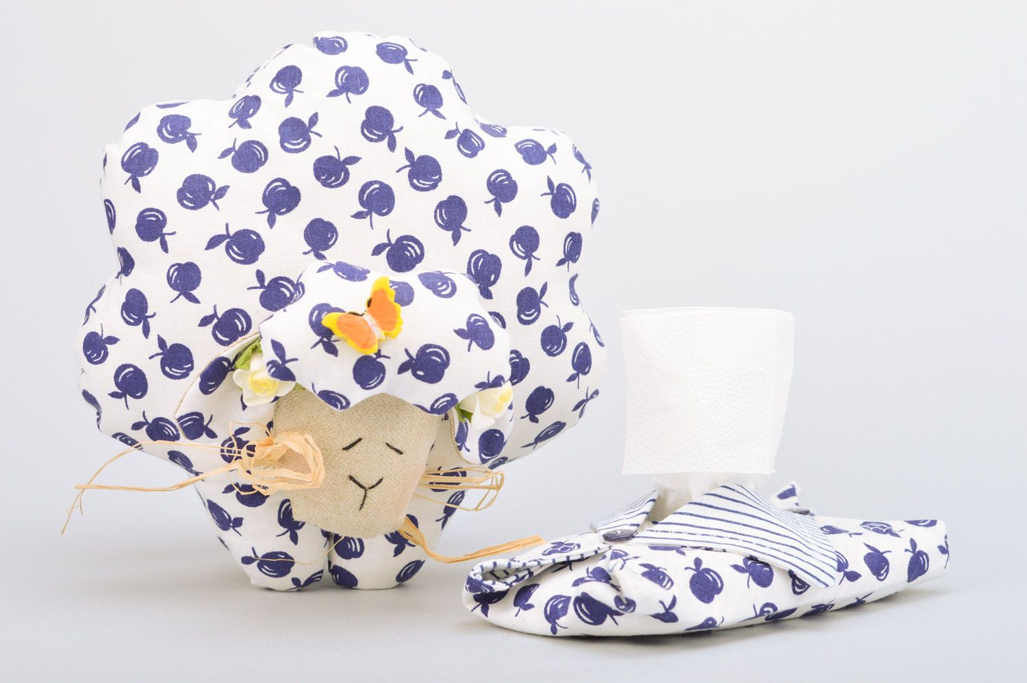 Handmade soft toy and napkin holder sewn of patterned cotton and linen fabrics photo 5