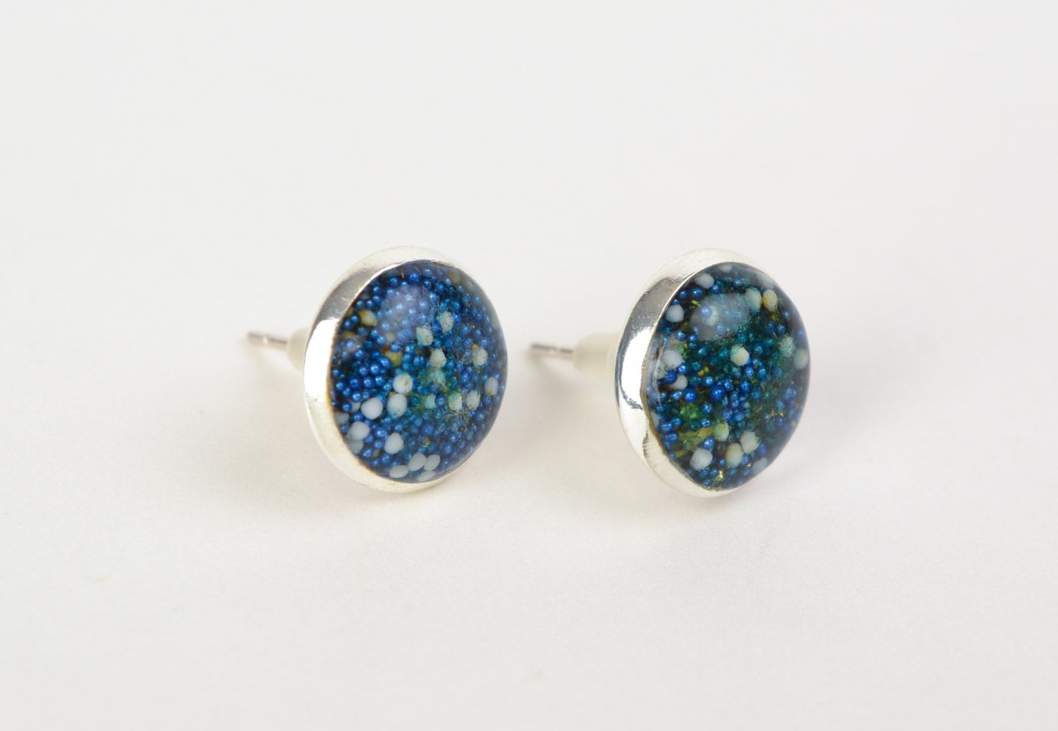 Blue round handmade earrings with spangles coated with jewelry glaze for every day photo 1