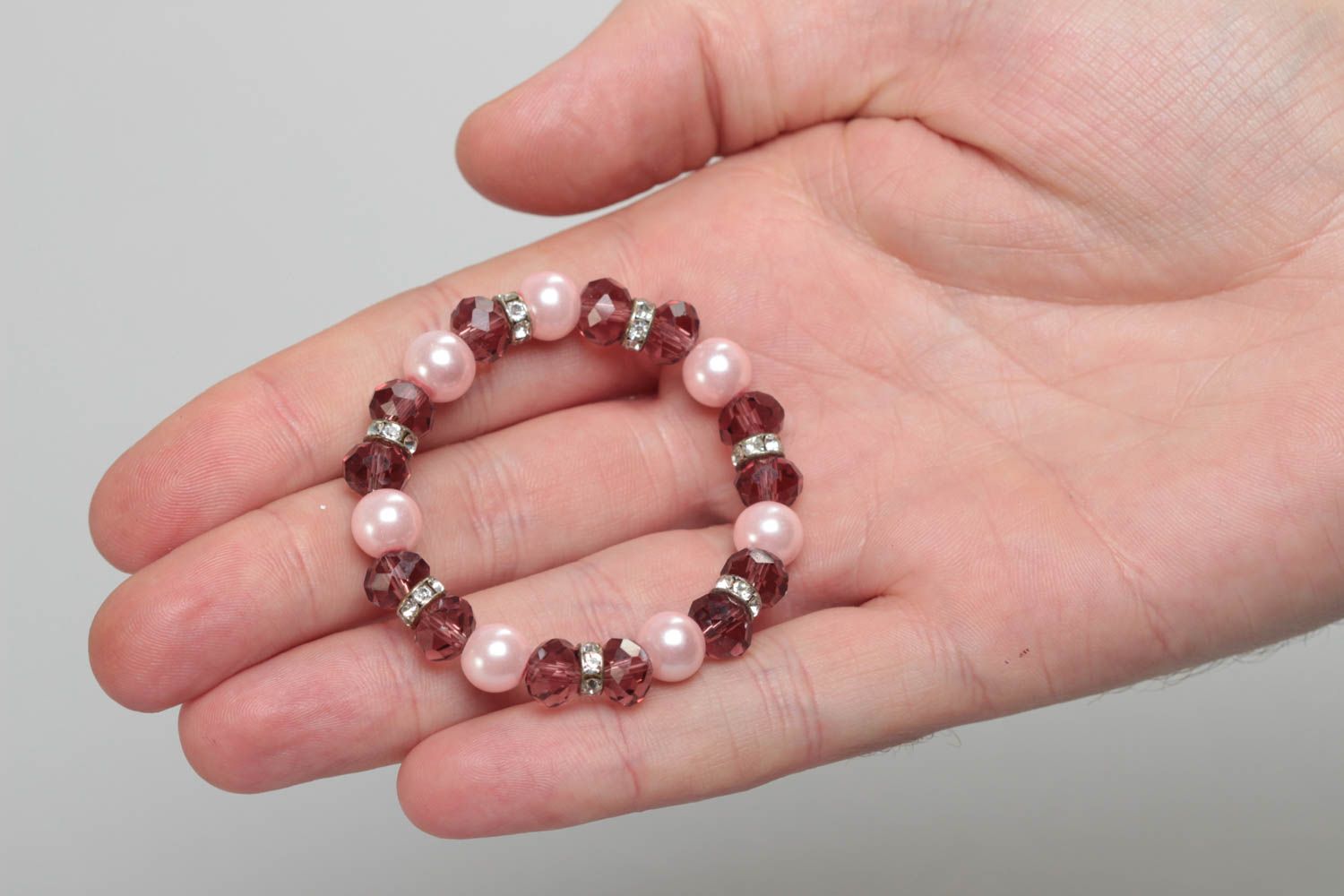 Handmade children's design pink bracelet with crystal and ceramic beads photo 5