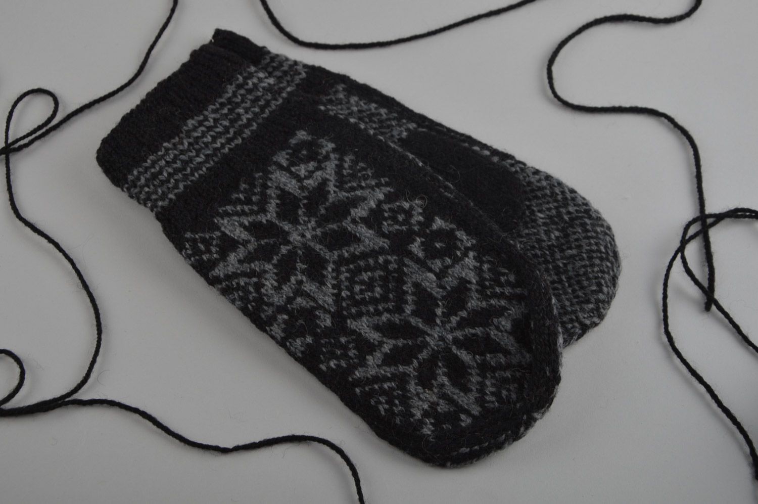 Dark gray warm homemade men's mitten knitted of sheep wool with ornaments  photo 2