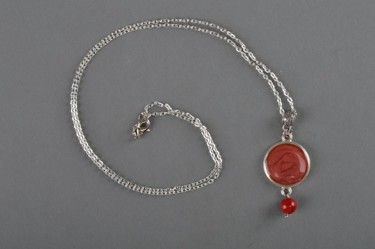 Handmade designer round dark red decoupage pendant necklace on metal chain photo 1