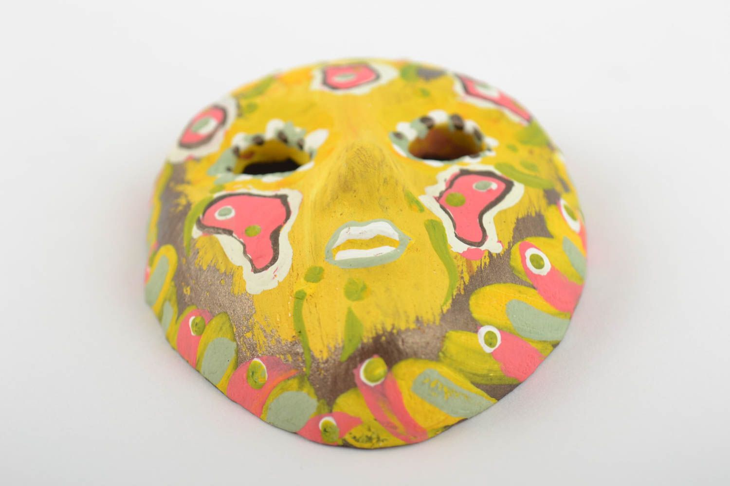 Handmade yellow painted fridge magnet made of clay in shape of souvenir mask  photo 3