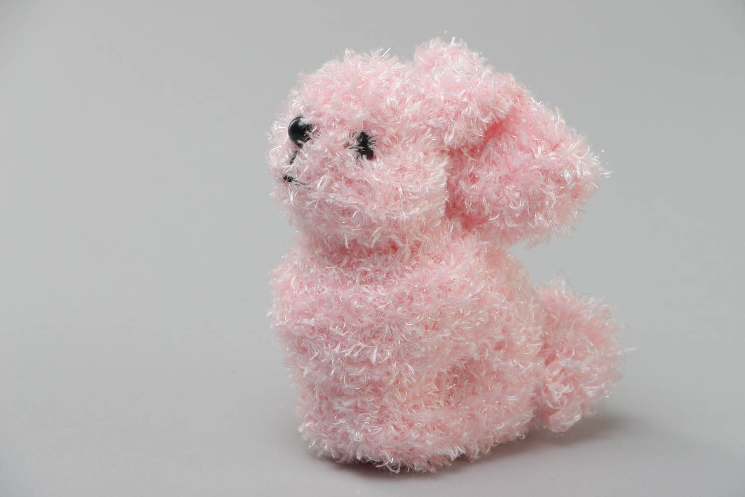 Small pink knitted soft toy in the shape of fluffy rabbit handmade photo 2