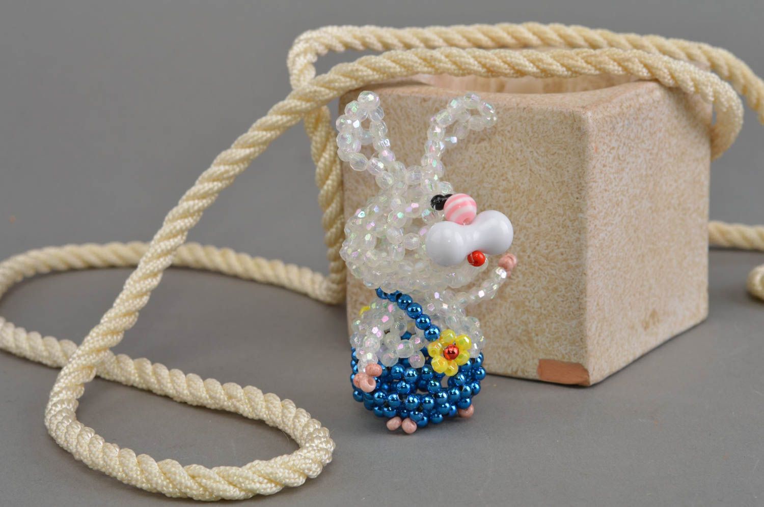Miniature handmade beaded figurine of hare in blue panties for home decor photo 1