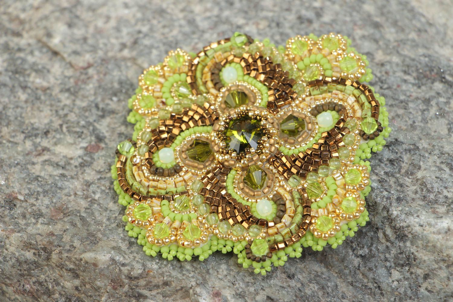 Handmade bracelet embroidered with beads and Czech crystals in green color palette photo 1