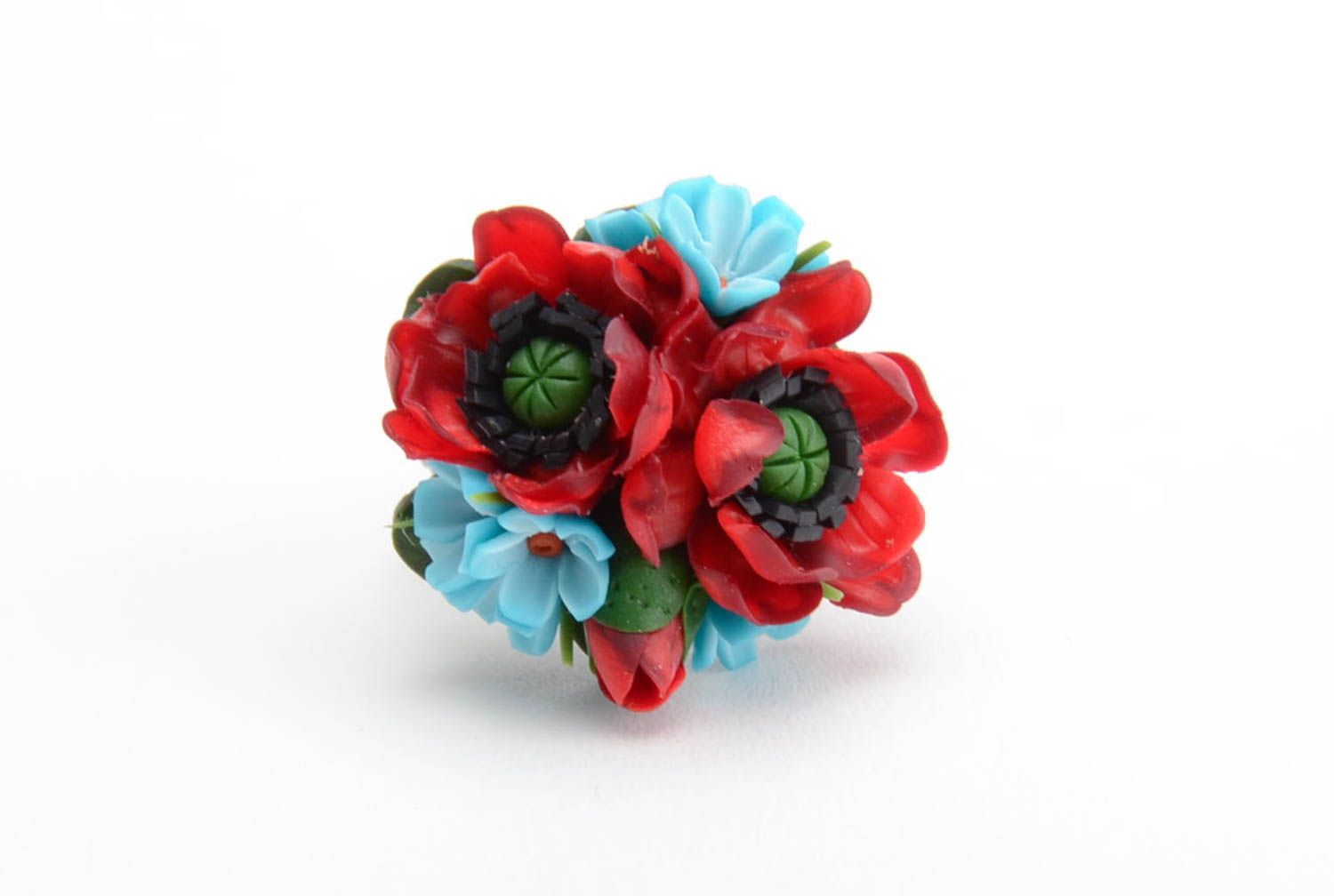 Handmade ring with blue and red polymer clay flowers and metal basis of 18 mm size photo 4