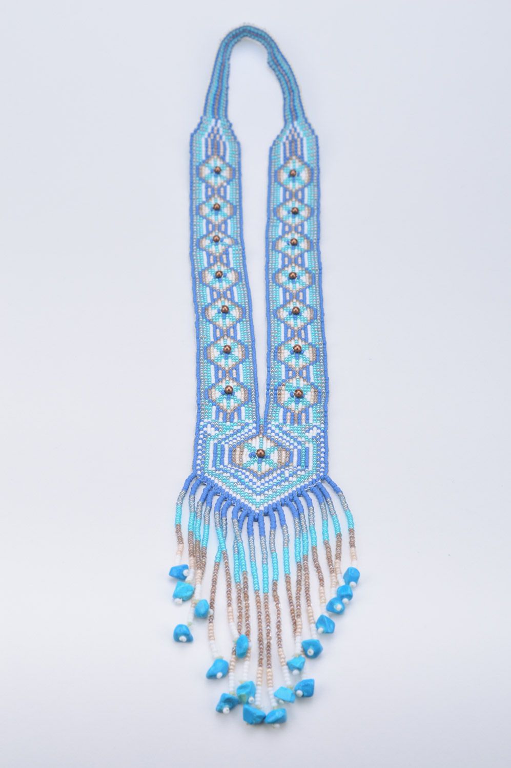 Голубой гердан из чешского бисера ручной работы длинный с узорами в этно стиле фото 2