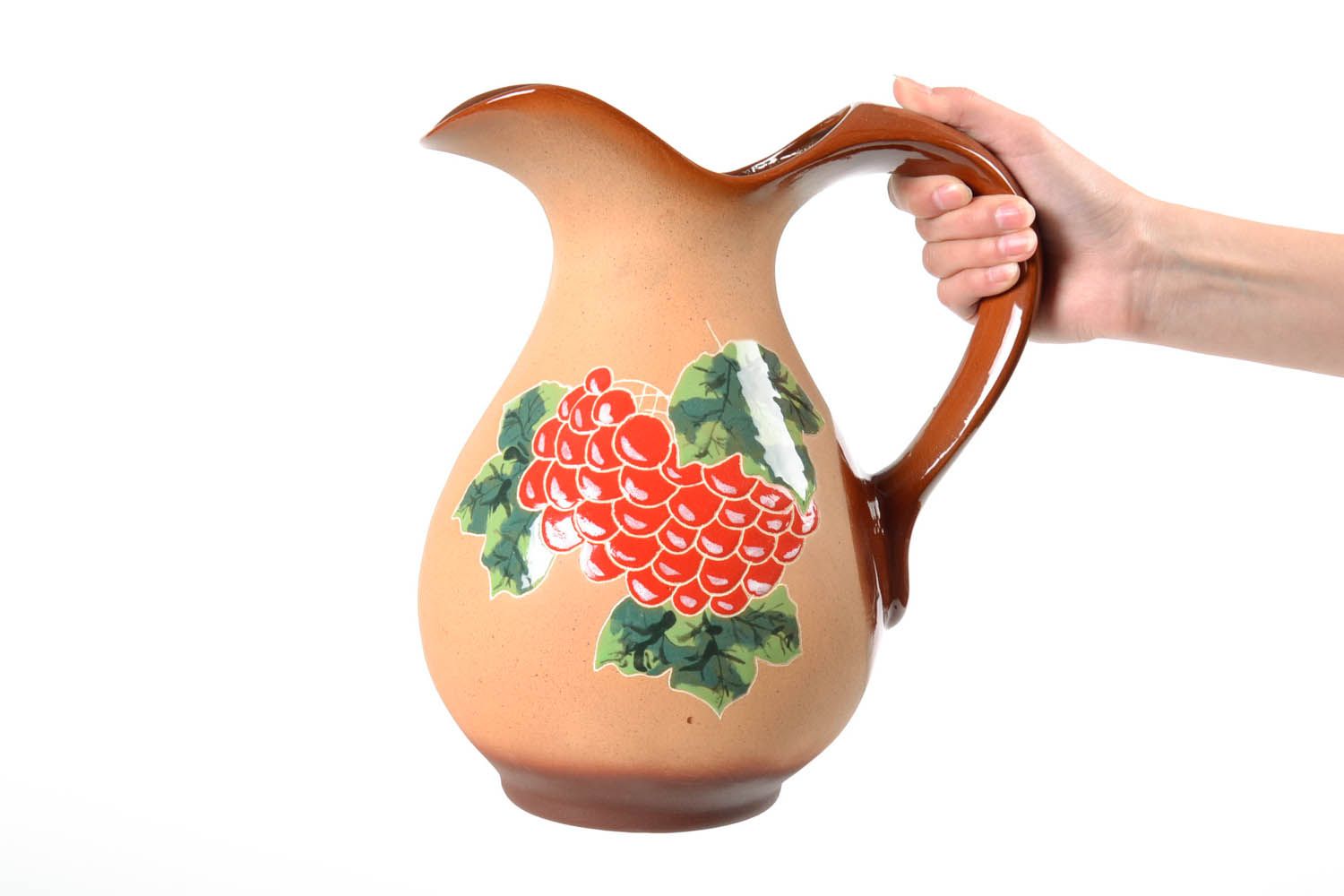 Large 100 oz ceramic wine pitcher with handle and grape pattern in brown color 4 lb photo 2