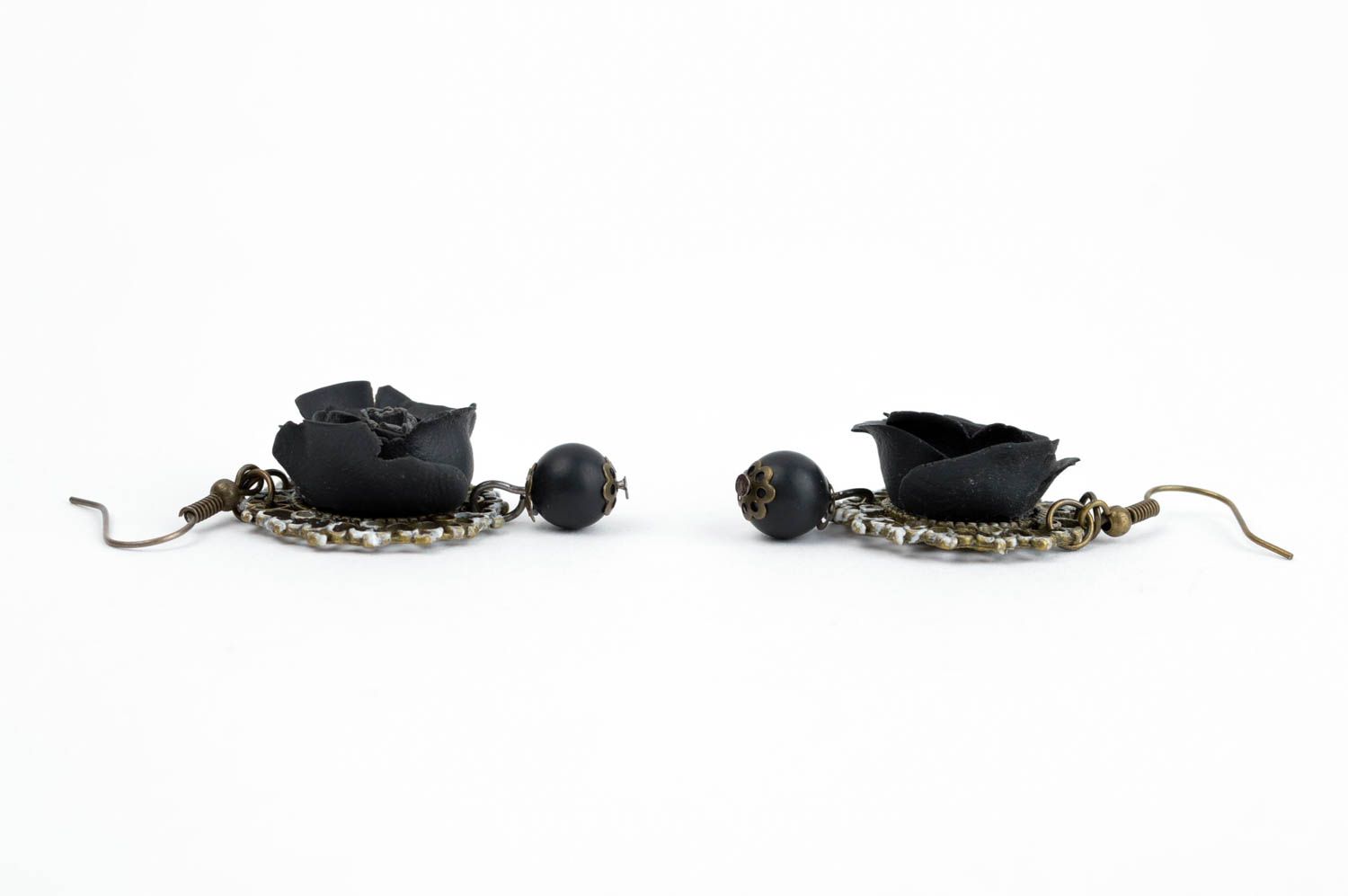 Handmade black flower earrings elegant evening accessory polymer clay jewelry photo 2