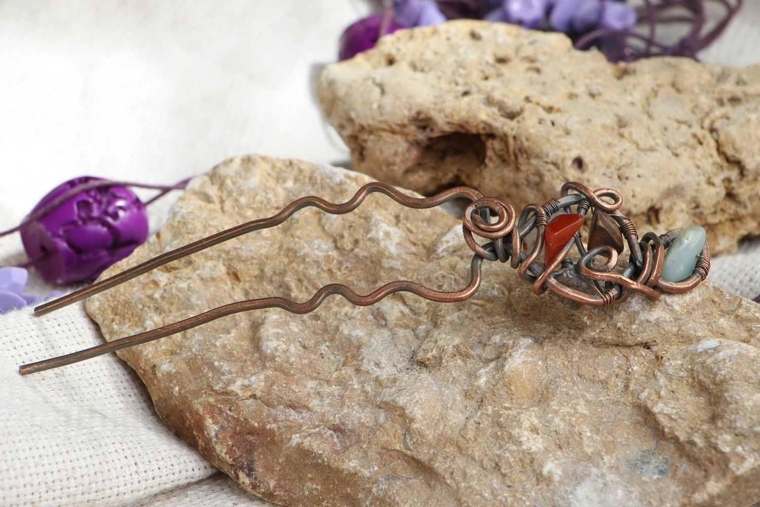 Designer's Pin Made of Copper and Natural Stones photo 4