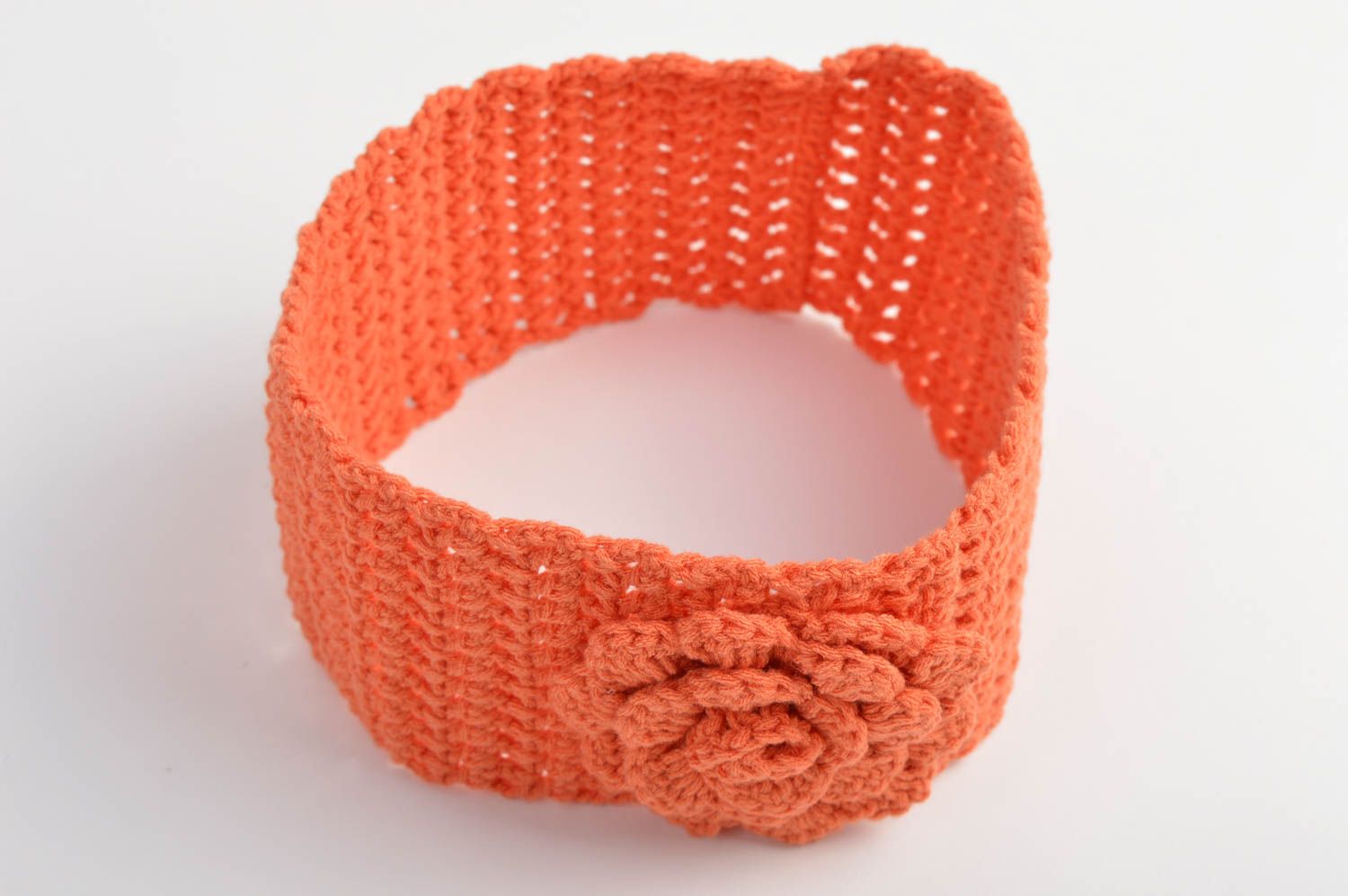 Оранжевая стильная повязка на голову для девочки ручной работы с цветком фото 4