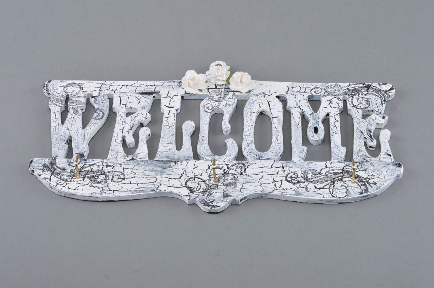 Handmade decorative decoupage wooden wall key holder lettering Welcome photo 1