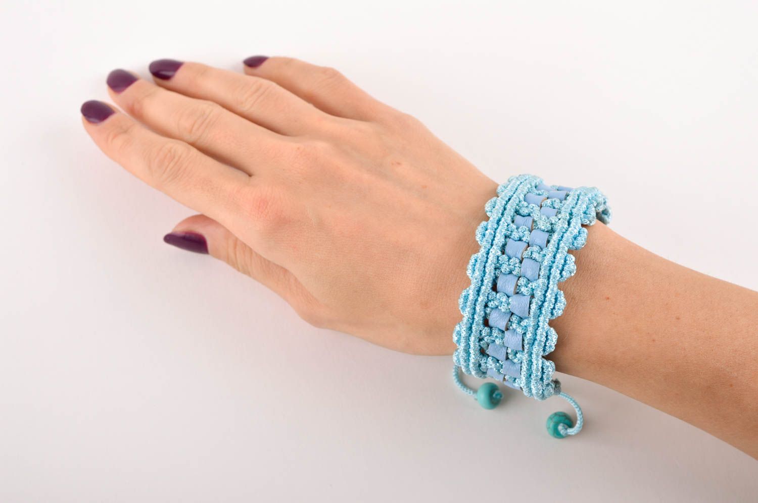 Стильный браслет ручной работы голубой браслет на руку модная бижутерия с кожей фото 5