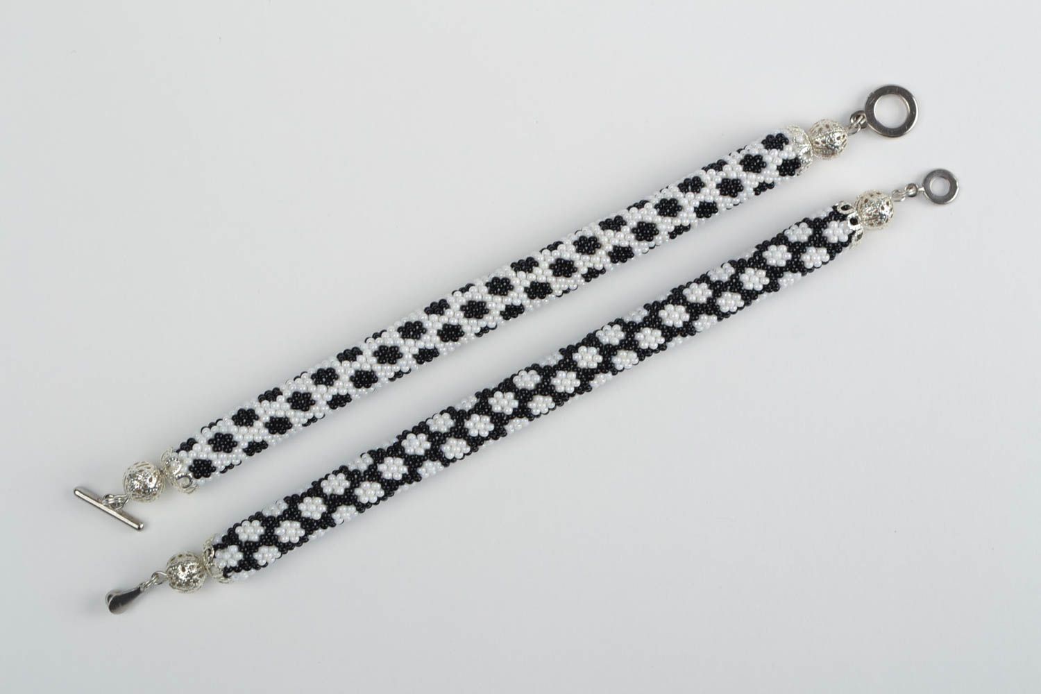 Corded beaded handmade black and white beautiful bracelets set of 2 pieces  photo 3