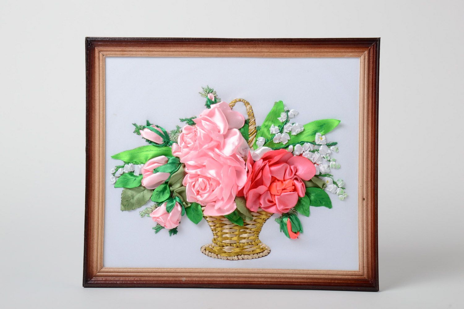 Beautiful handmade ribbon embroidery with flowers in wooden frame photo 1