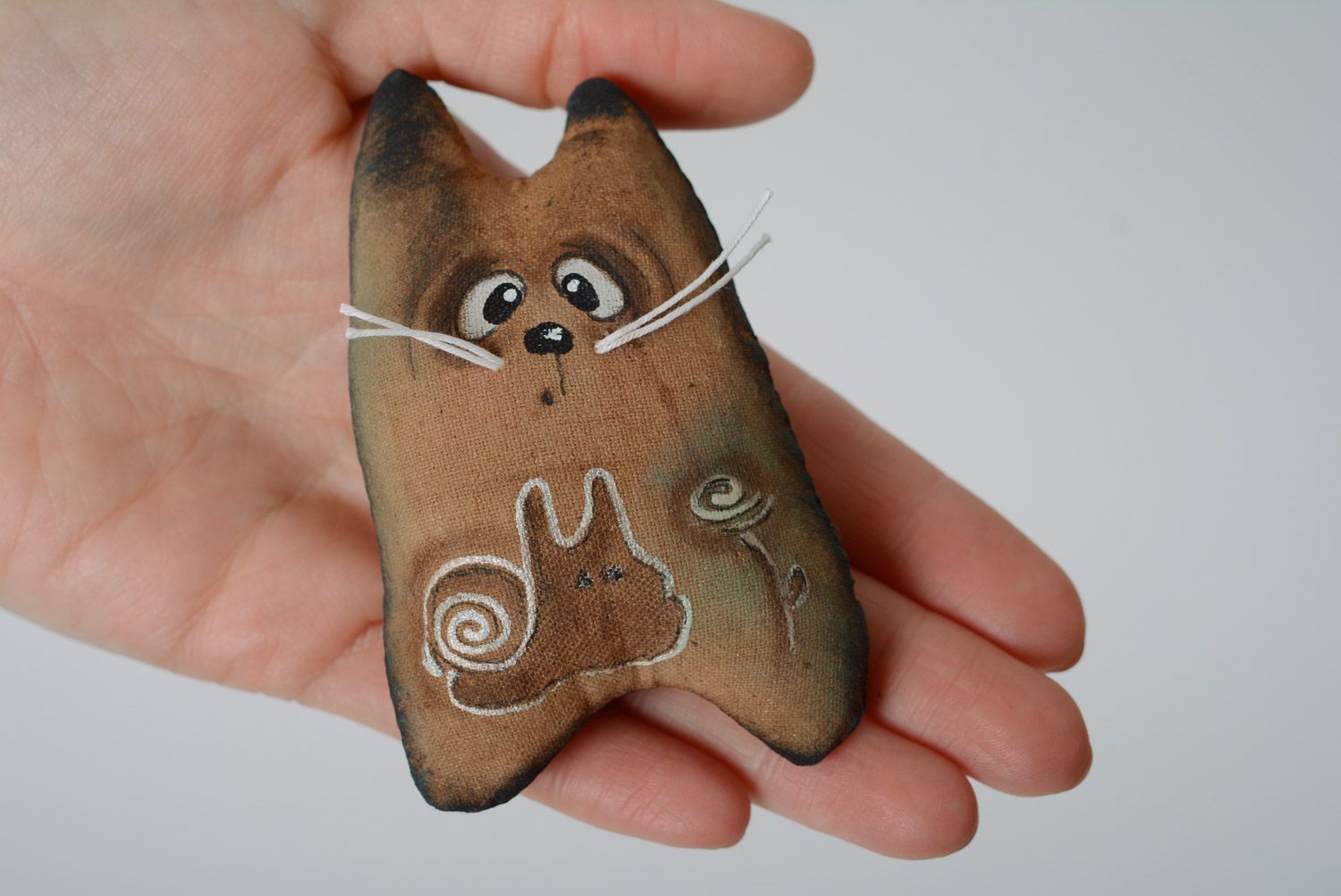 Handmade soft toy fridge magnet soaked with coffee in the shape of kitten photo 3
