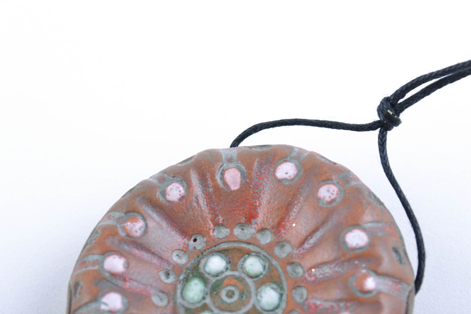 Handmade round ceramic pendant necklace with ornaments painted with acrylics photo 3