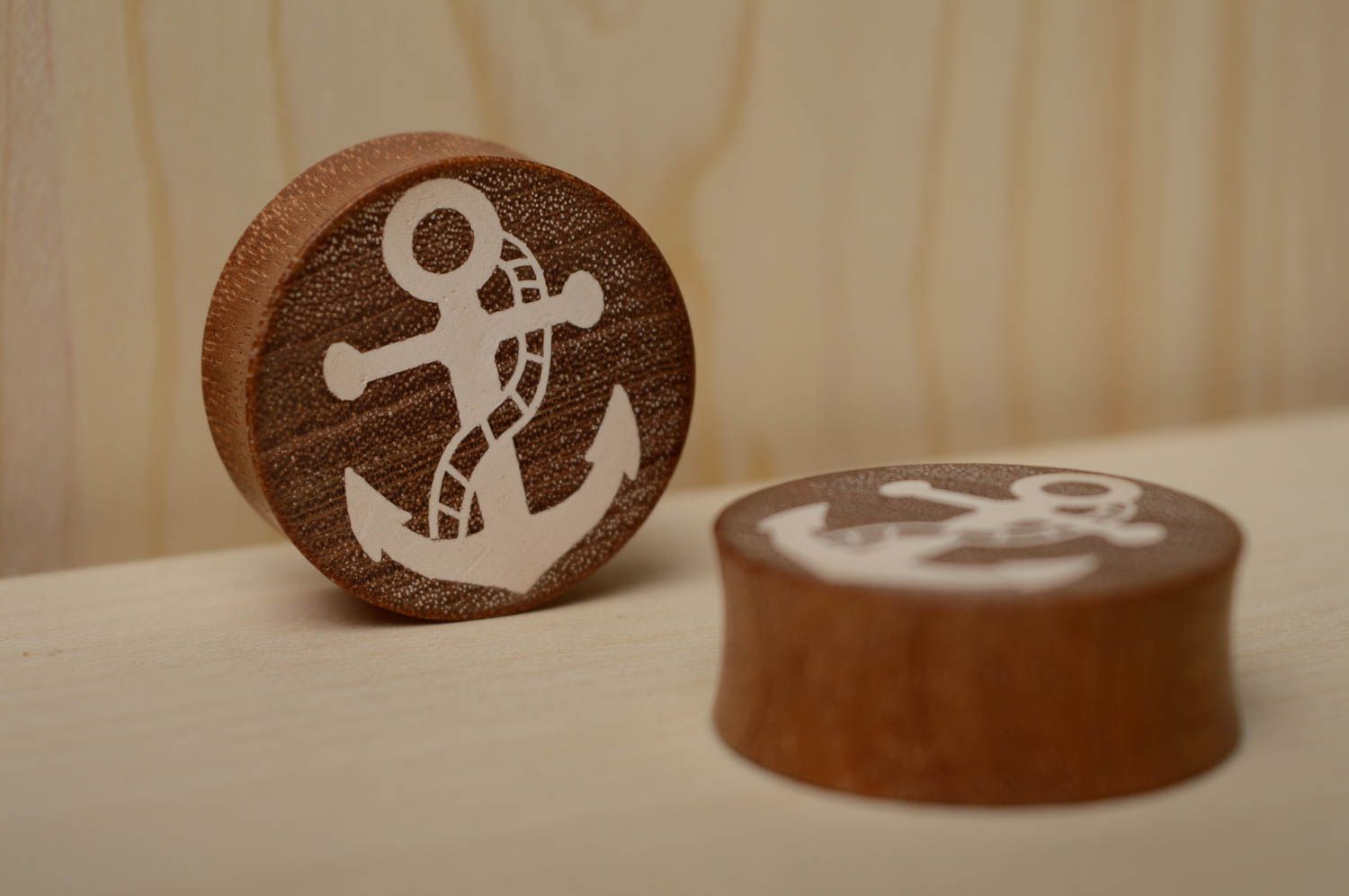 Wooden plug earrings with anchors photo 5