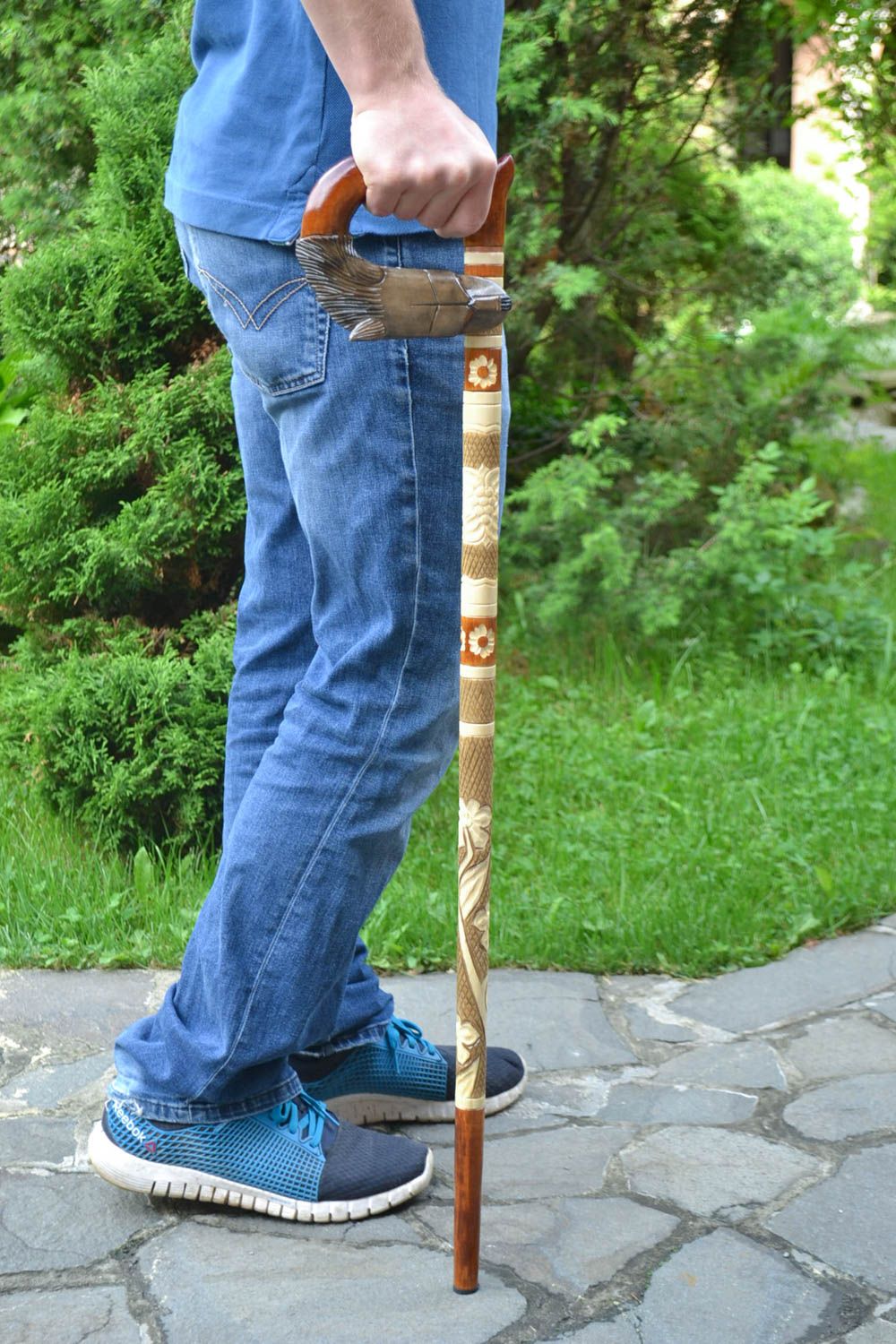 Canne de marche en bois faite main vernie originale cadeau pour homme Loup photo 1