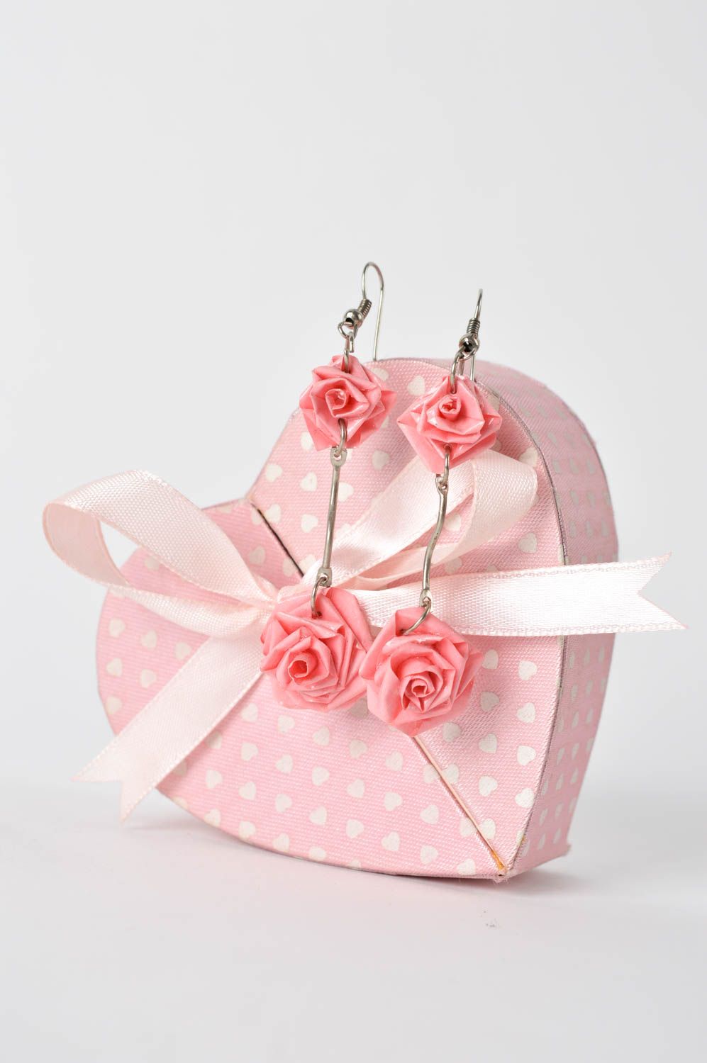 Boucles d'oreilles pendantes Bijou fait main fleurs roses en papier Cadeau femme photo 1