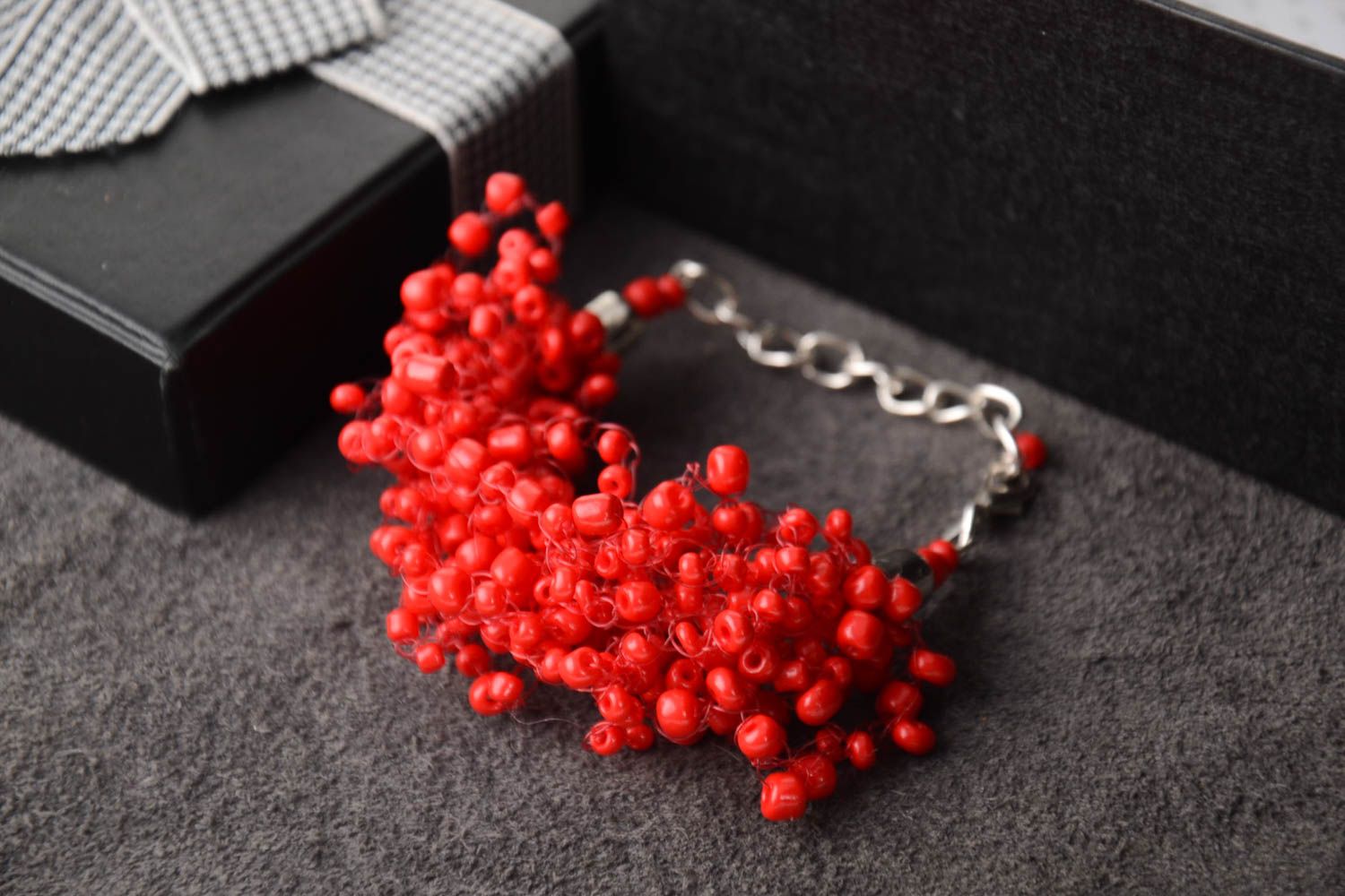 Handmade red beaded bracelet unusual elegant bracelet openwork bracelet photo 1