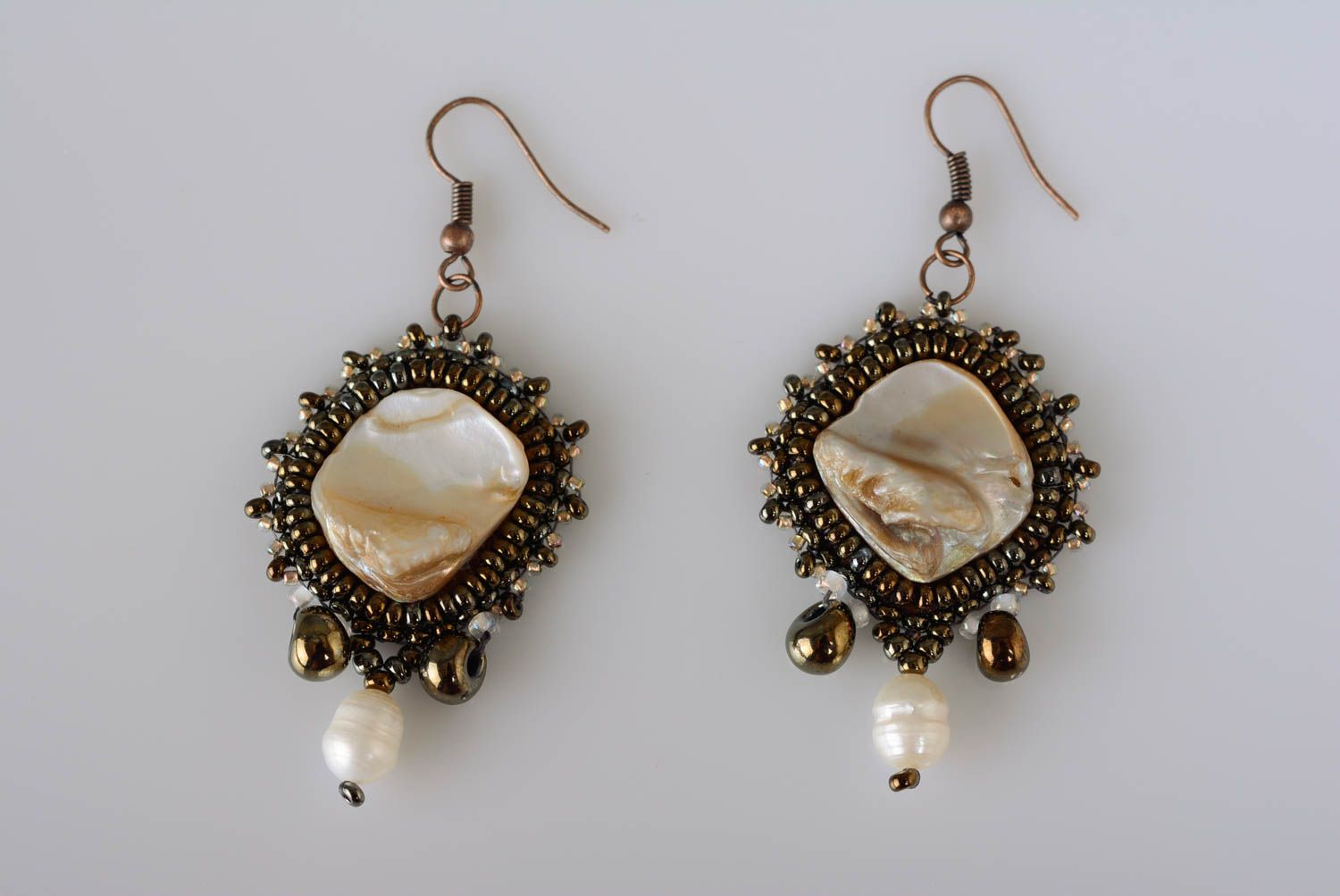 Handmade stylish beaded earrings with natural stones fancy evening accessory photo 1
